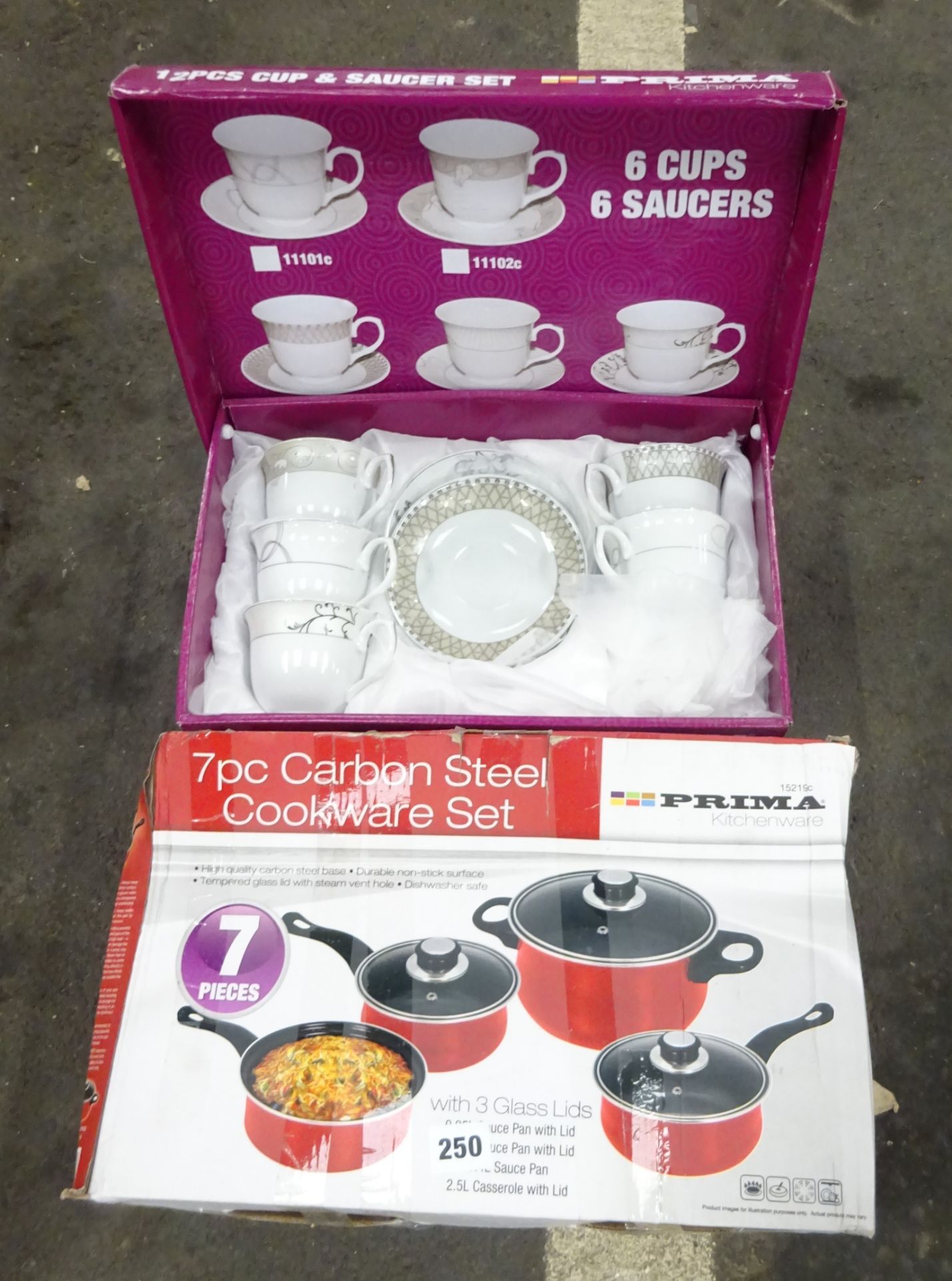 12PC CUP & SAUCERS SET & 7PC CARBON COOKWARE SET