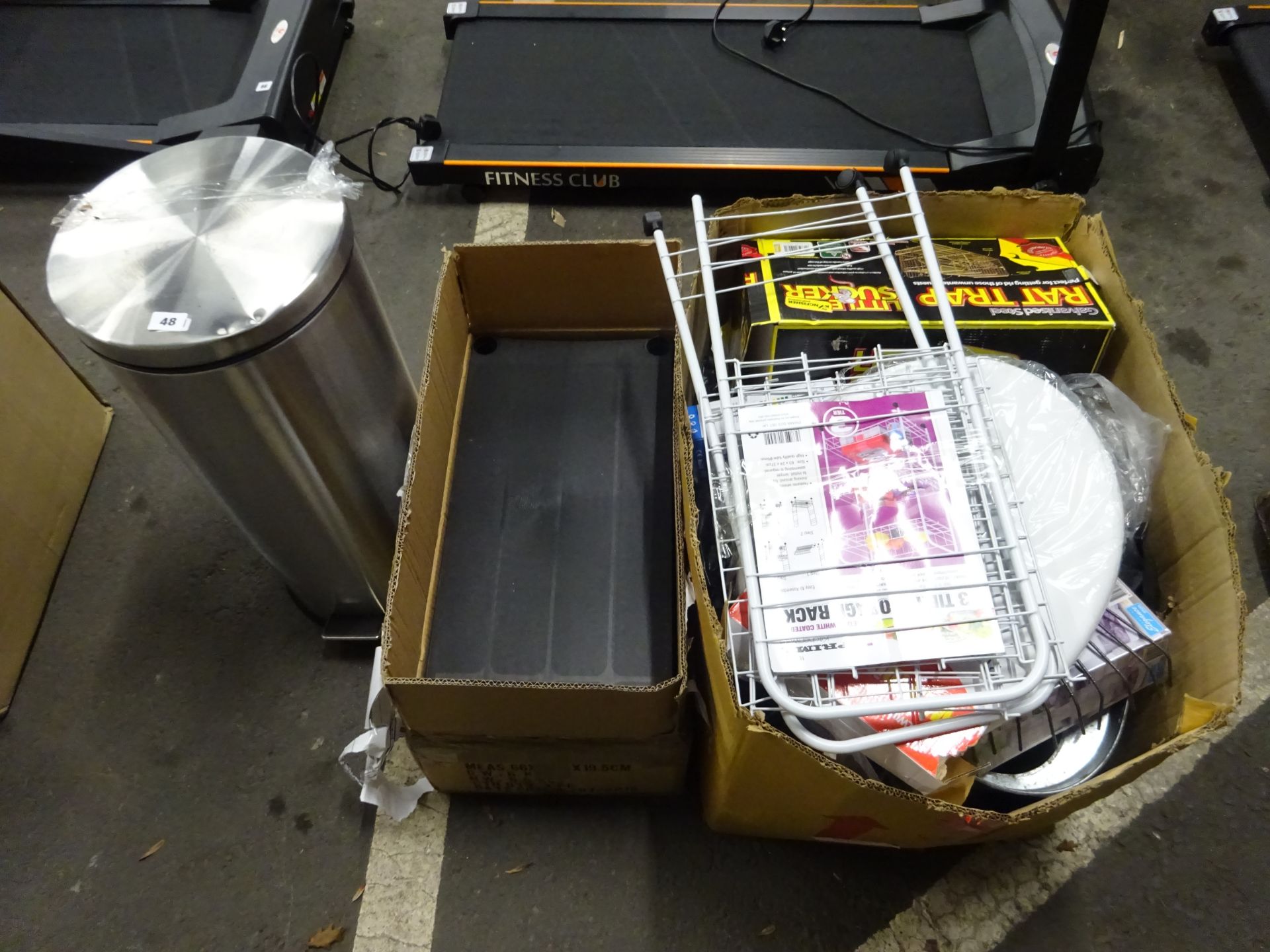 METAL BIN, PLASTIC SHELVING & BOX OF KITCHENWARE & ODDS