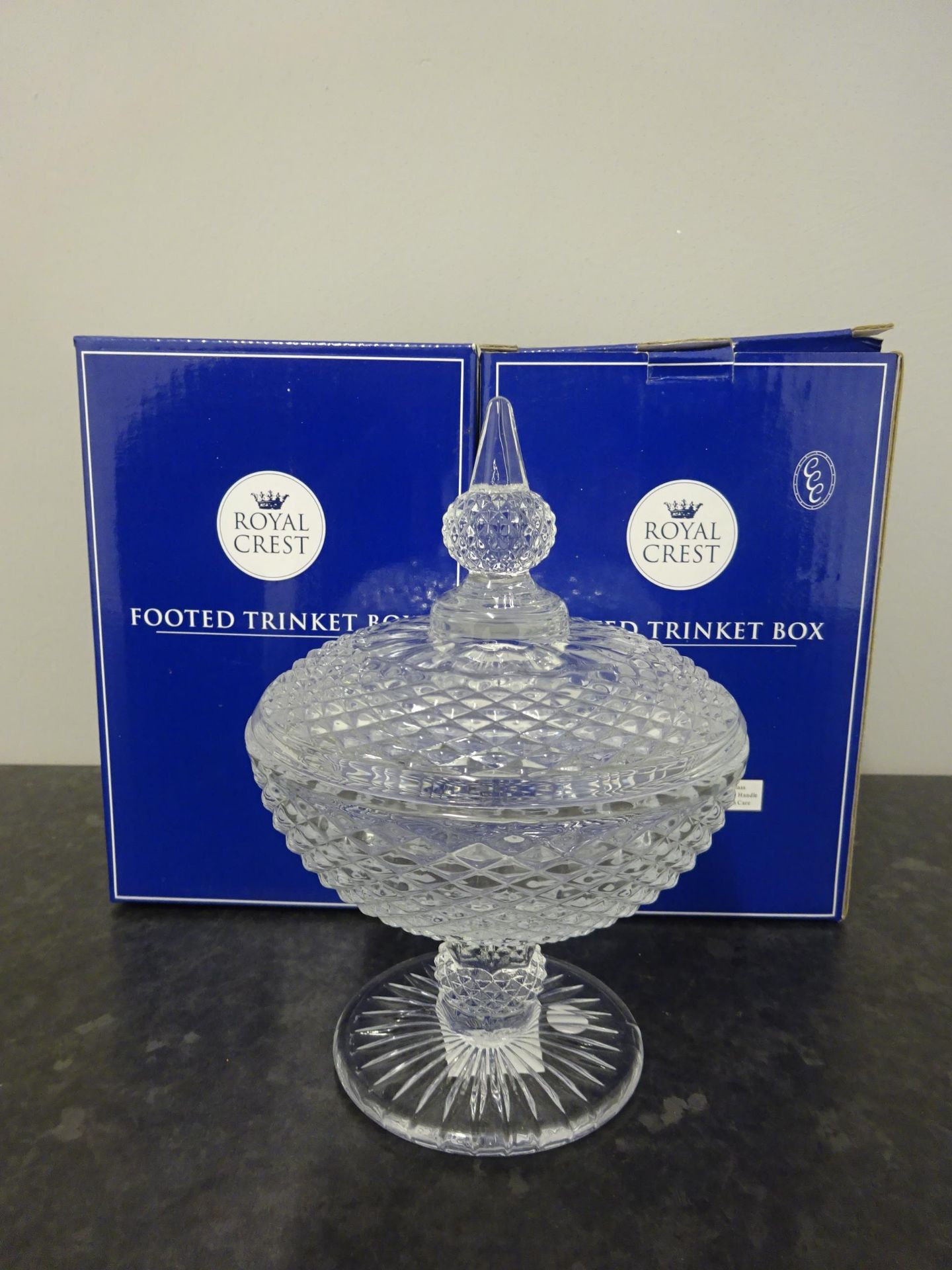 x2 Royal Crest Footed Glass Trinket Boxes