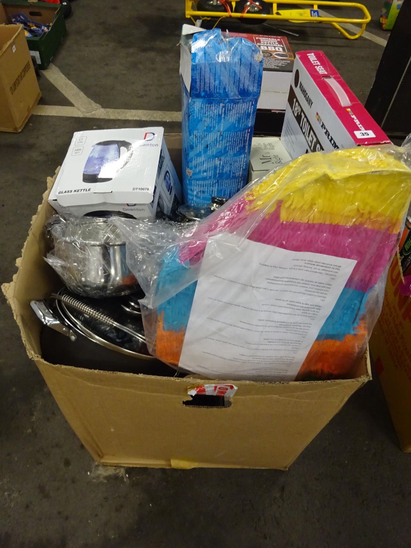 LARGE BOX OF POTS & PANS, TIOLET SEAT, PADDLING POOL, KETTLE, KITHCHEN WARE AND ODDS