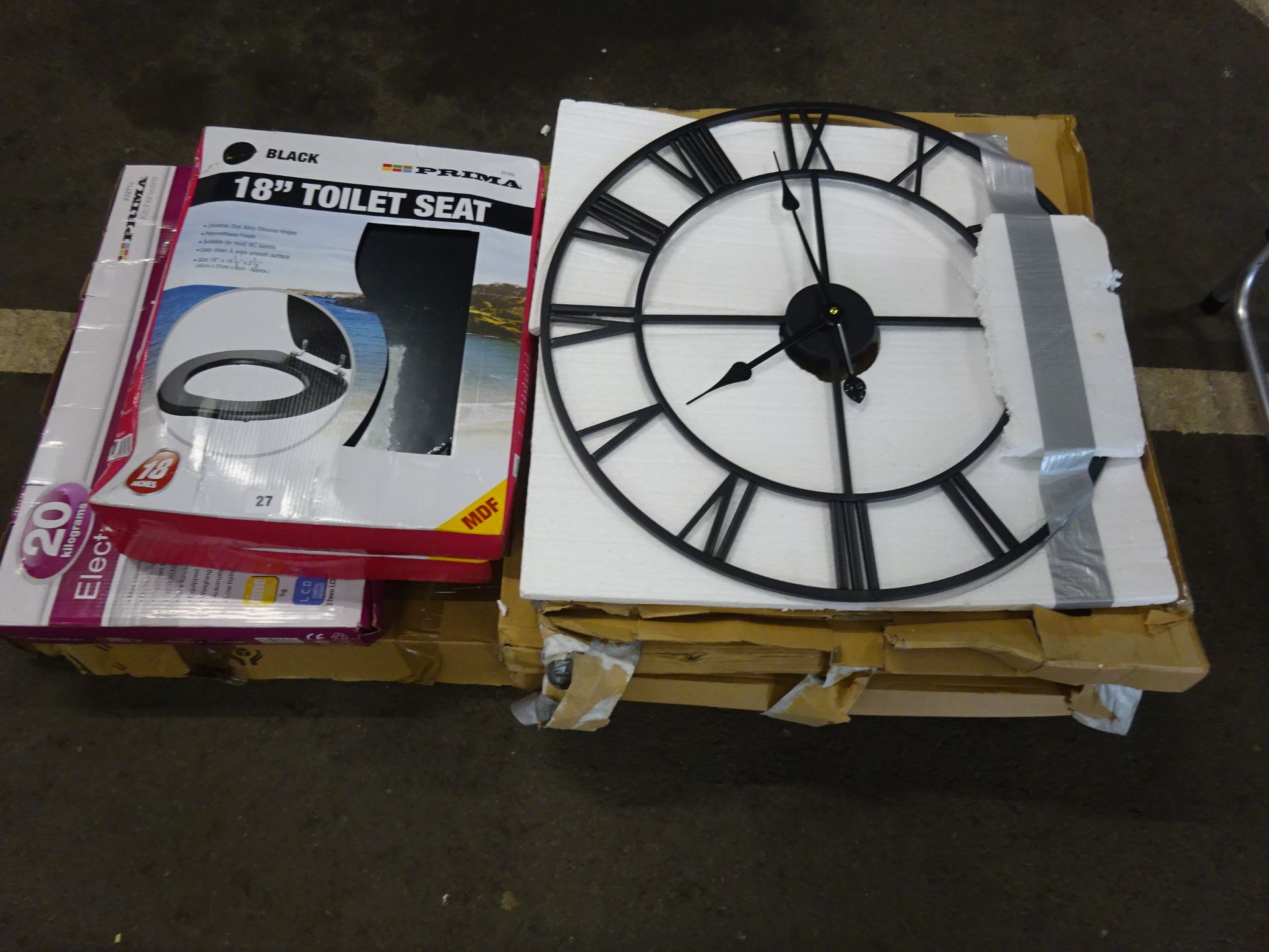 QTY OF METAL CLOCKS, 2 X TOILET SEATS, BABY SCALES & PLASTIC STORAGE BOX