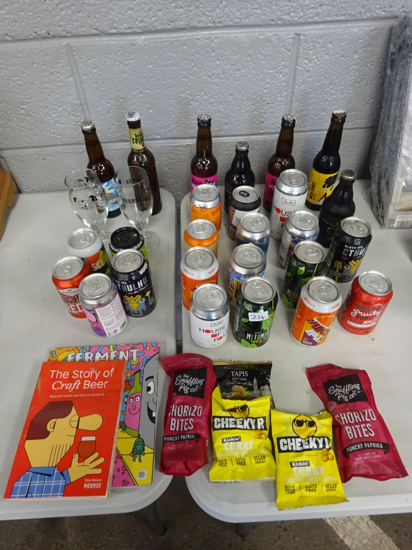 QTY OF BOTTLES & CANS OF BEER, 2 BOOKS & SNACKS