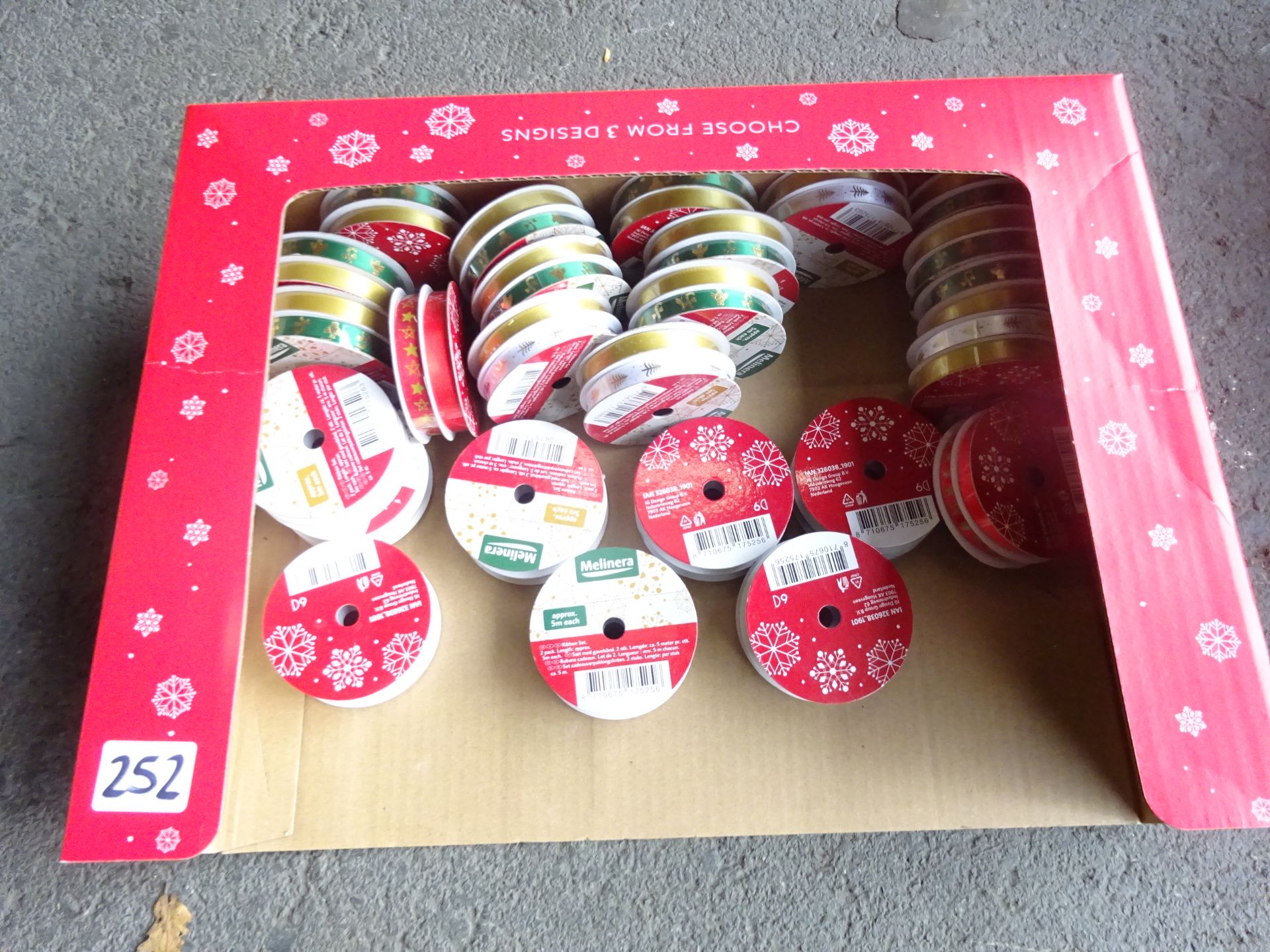 BOX OF 25 ROLLS OF CHRISTMAS RIBBON