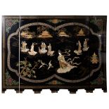 Asian Black Lacquer and Stone Folding Screen