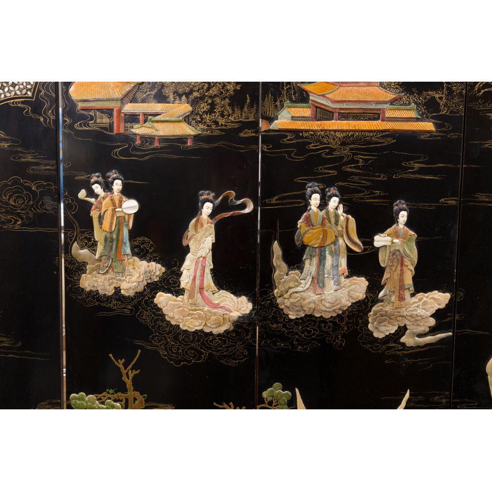 Asian Black Lacquer and Stone Folding Screen - Image 2 of 4