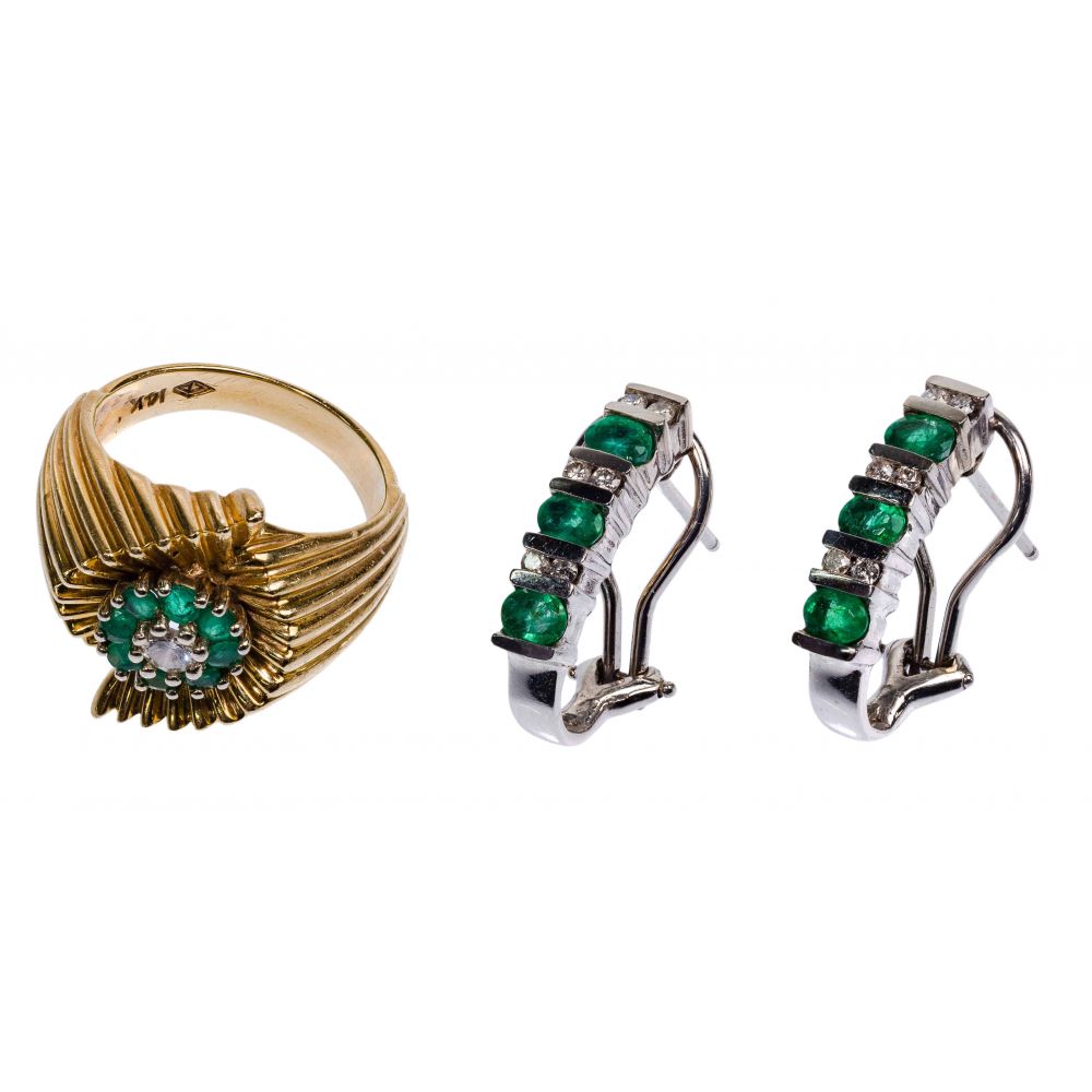 14k Gold, Emerald and Diamond Earrings and Ring