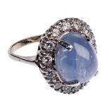 14k White Gold, Pale Blue Star Sapphire and Diamond Ring