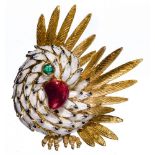 18k Yellow Gold, Enamel and Emerald Bird Brooch