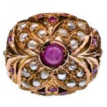 14k Yellow Gold, Seed Pearls and Ruby Ring