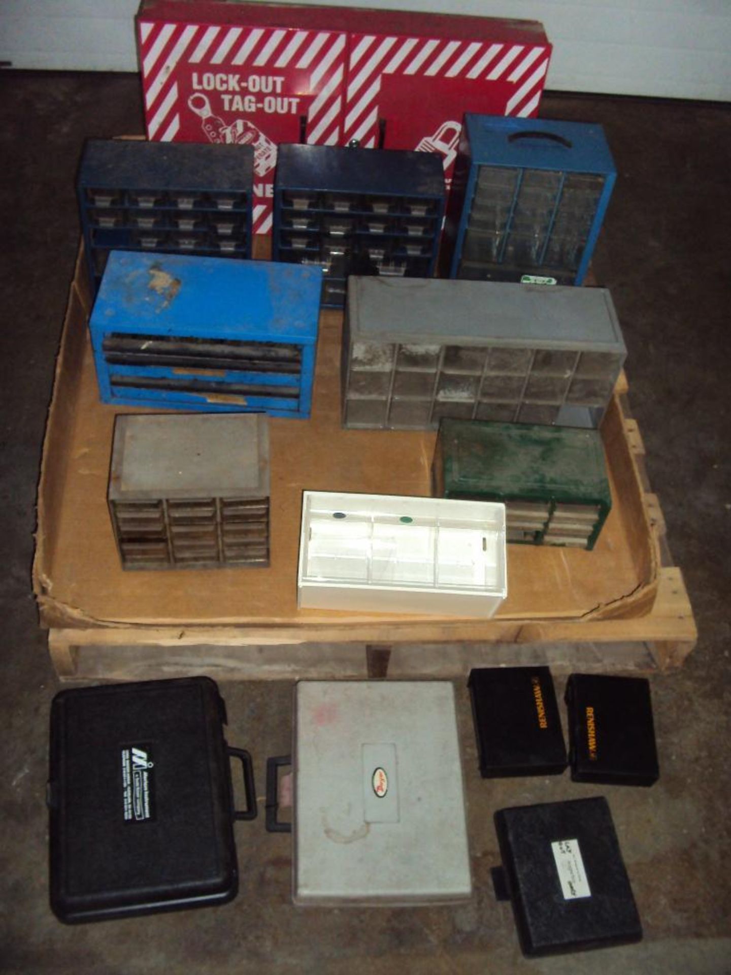 LOT OF EMPTY SMALL PARTS BIN ORGANIZERS AND TOOL CASES