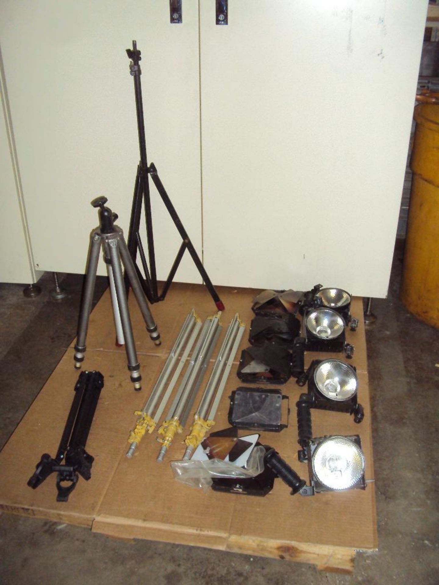 Lot of Tripods, Light Stands, Lights & Shutters