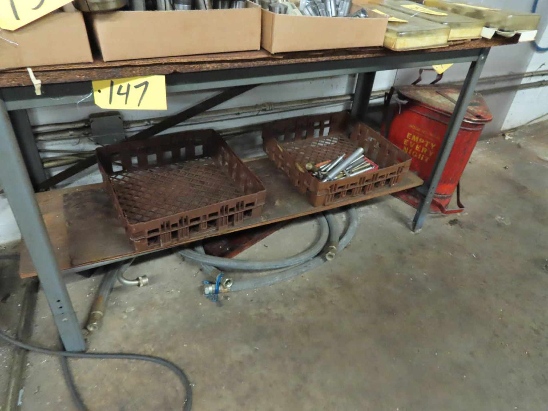 METAL WORK TABLE WITH WOOD TOP , 59" X 24" X 33" ( NO CONTENT)