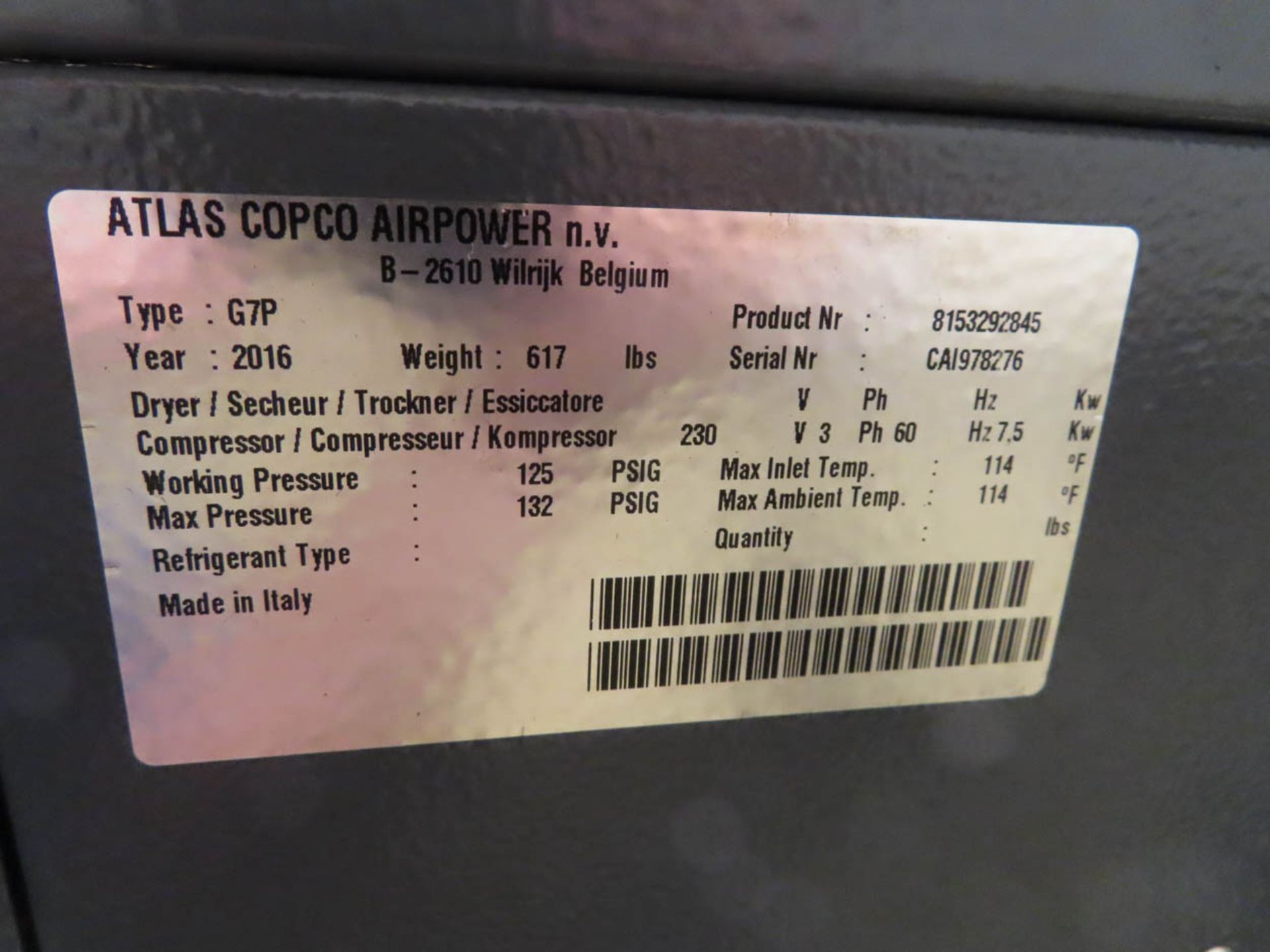 Atlas Copco Type G7P Rotary Screw Type Air Compressor (2016) - Image 4 of 4
