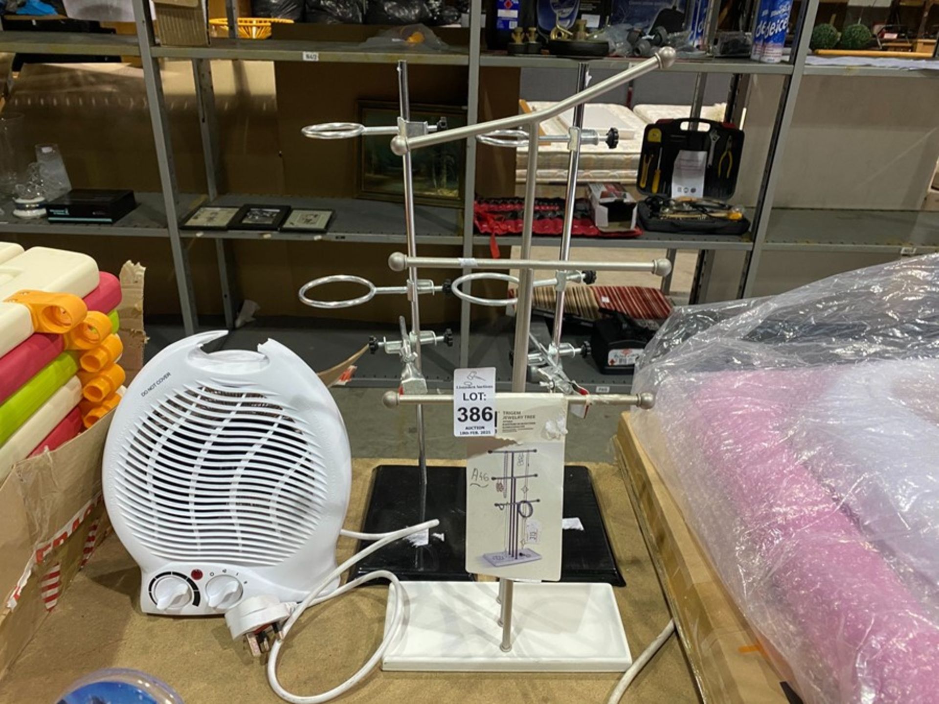 FAN HEATER/JEWELLERY STAND AND 2 CHEMISTRY STANDS