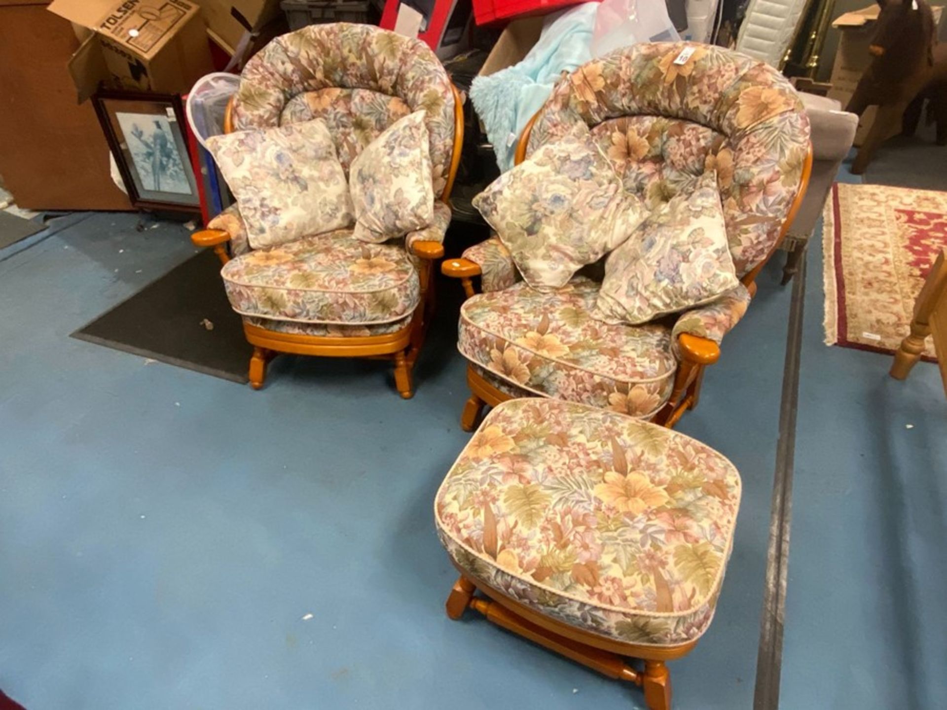 2 PINE CUSHIONED CONSERVATORY CHAIRS AND FOOTSTOOL