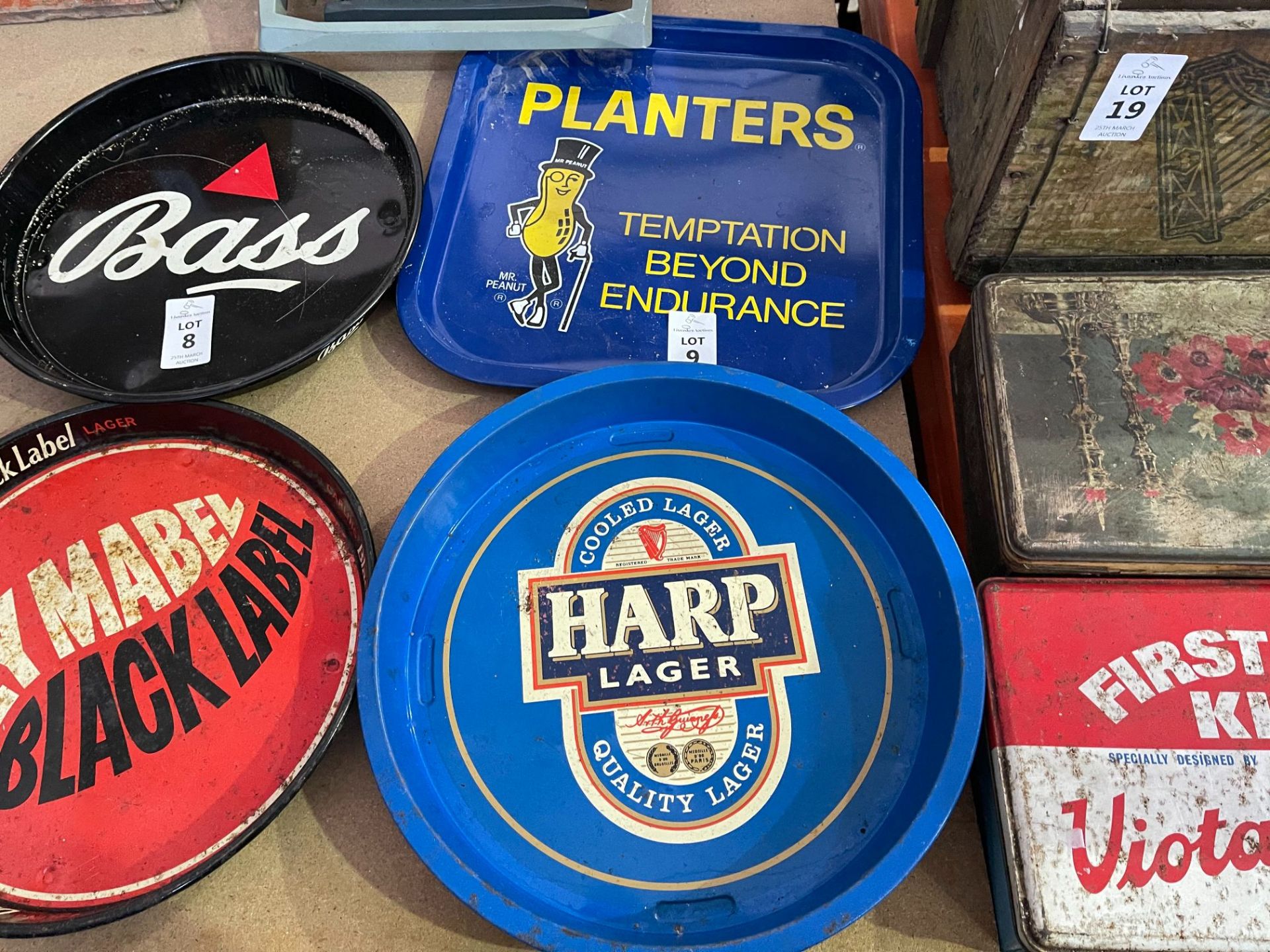 PLANTER'S PEANUTS AND HARP LAGER METAL BAR TRAYS