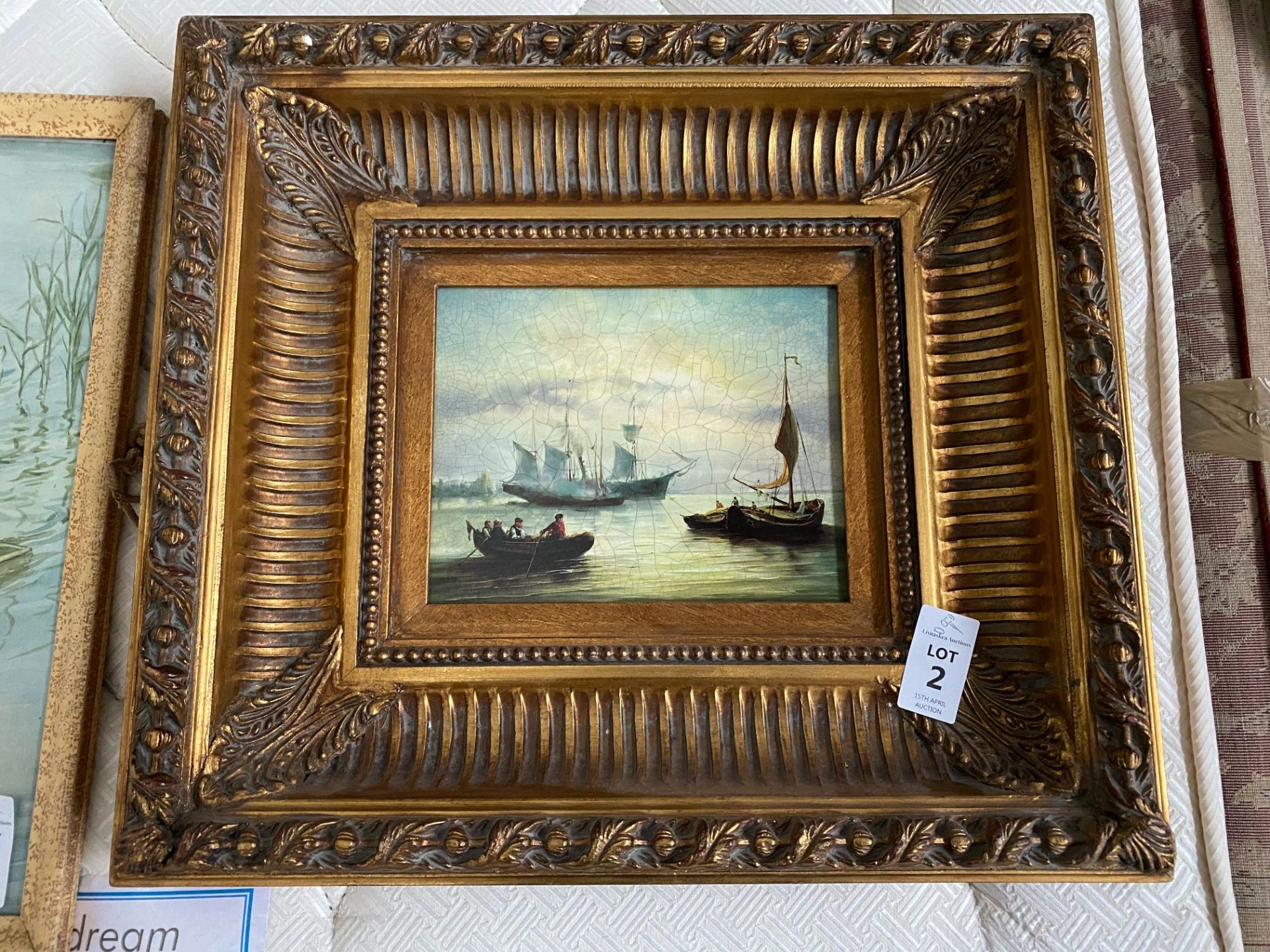 SHIP PRINT WITH CARVERS & GILDERS, ENGLAND HEAVY GILT FRAME