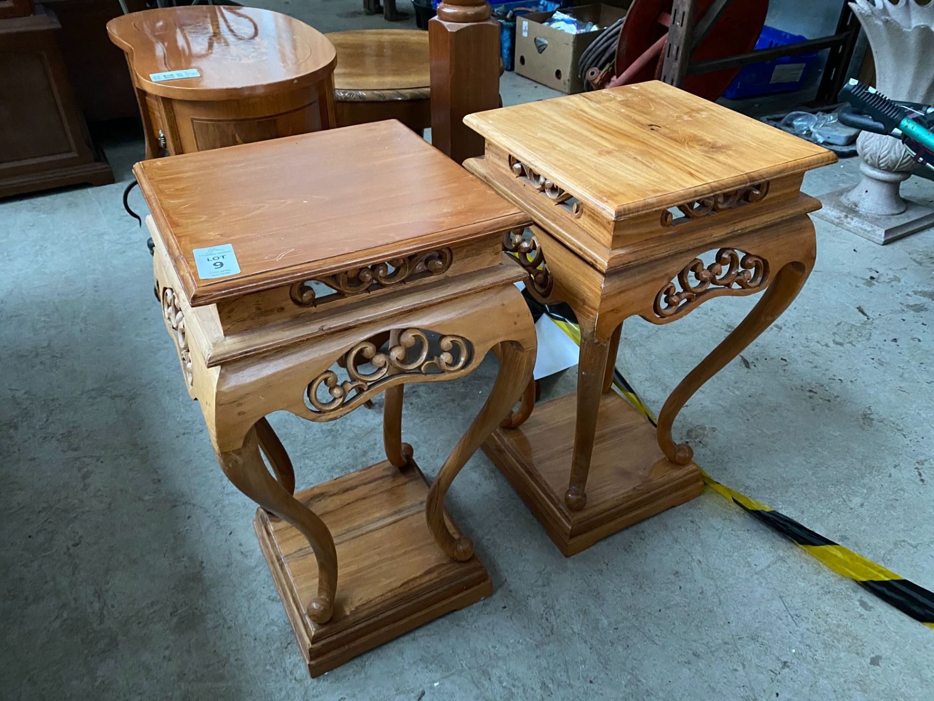 PAIR OF PINE CARVED SIDE TABLES