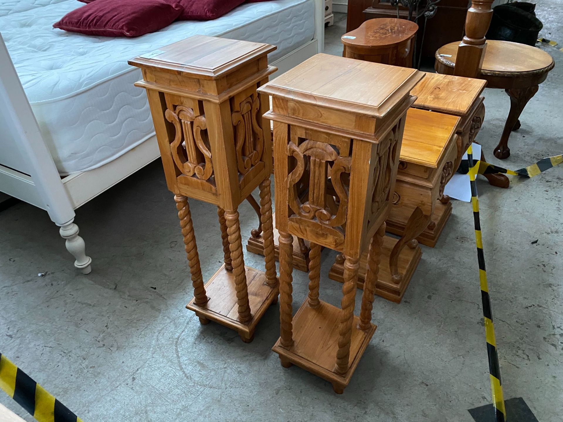 PAIR OF PINE HARP INSCRIBED BARLEY TWIST POT STANDS