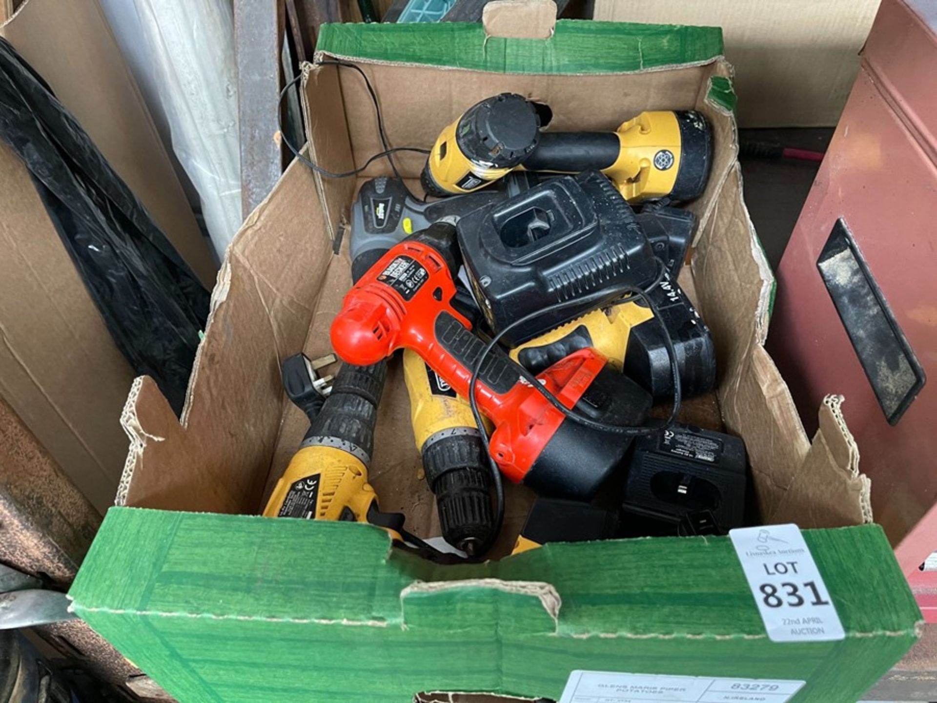 BOX OF CORDLESS DRILLS & CHARGERS