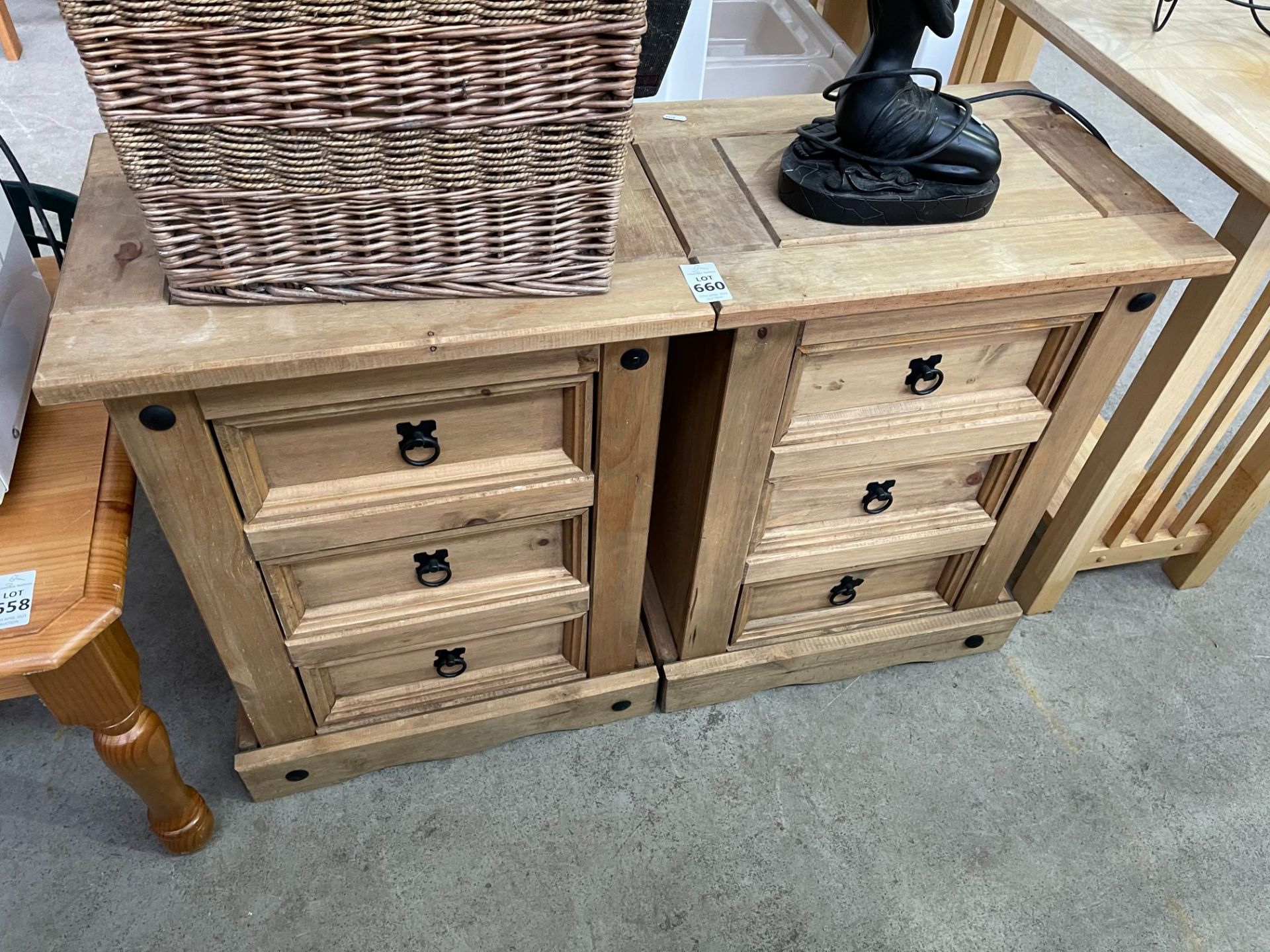 2 MEXICAN PINE 3 DRAWER BEDSIDE UNITS