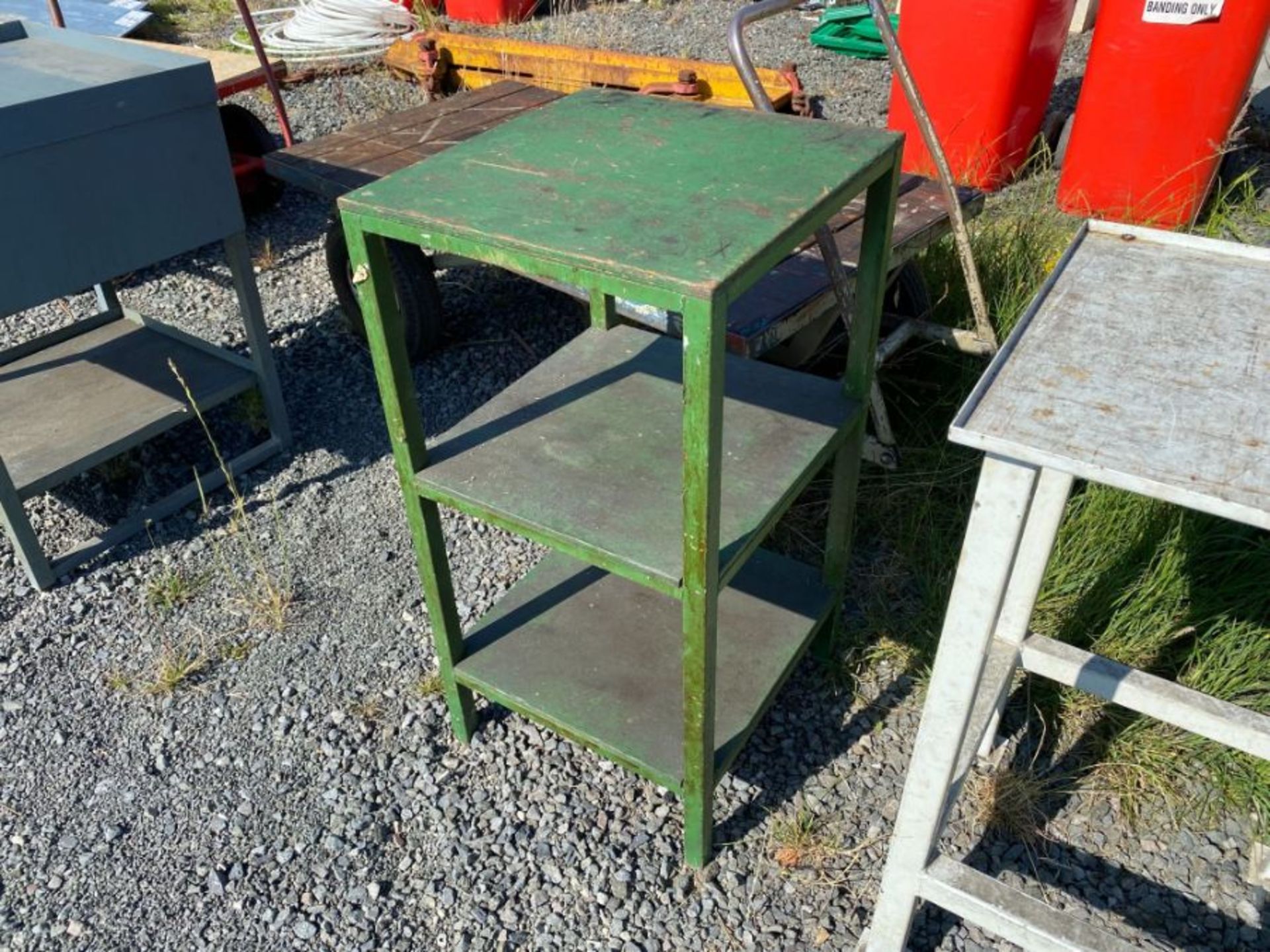 WOODEN GREEN WORKSHOP SHELVING (HAMMER VAT ON THIS ITEM)