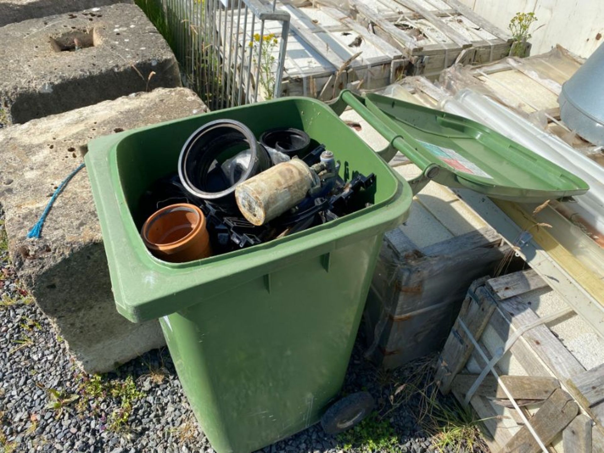 GREEN WHEELIE BIN FULL OF PIPE FITTINGS (HAMMER VAT ON THIS ITEM)