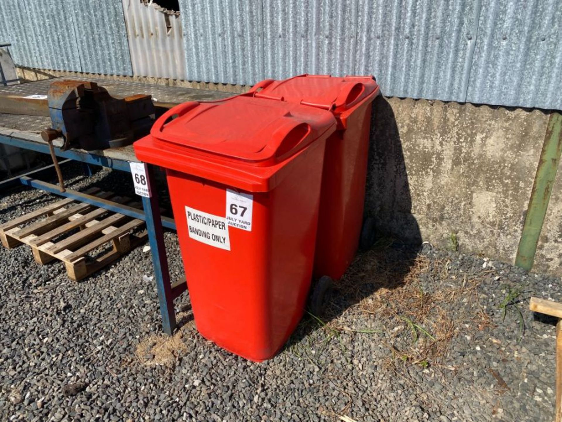 2X RED WHEELIE BINS WITH LIDS (HAMMER VAT ON THIS ITEM)