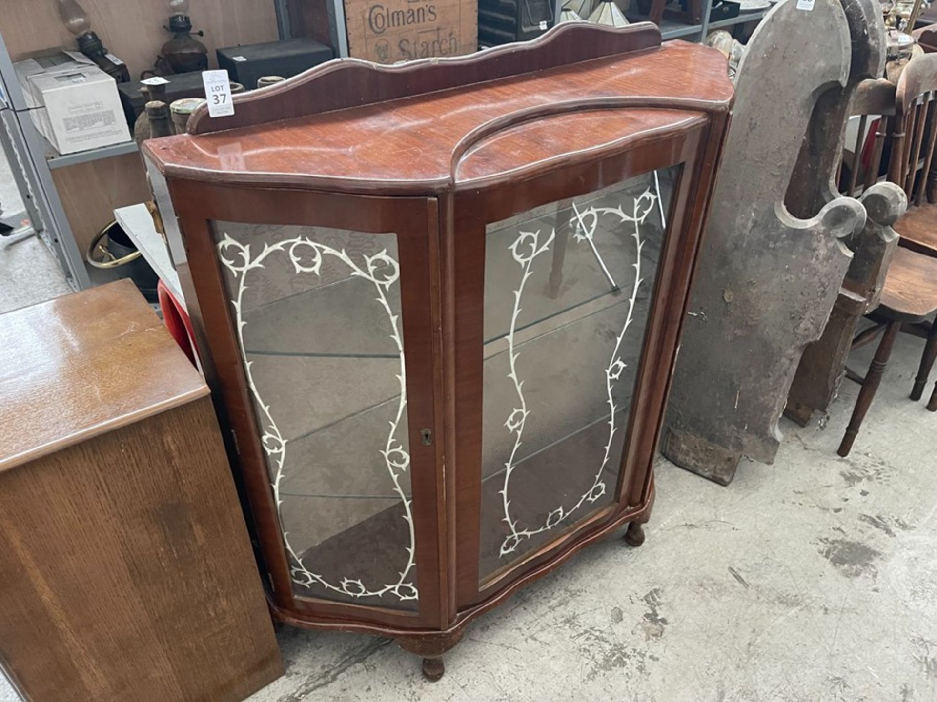 ANTIQUE WOODEN BOW FRONTED DISPLAY CABINET