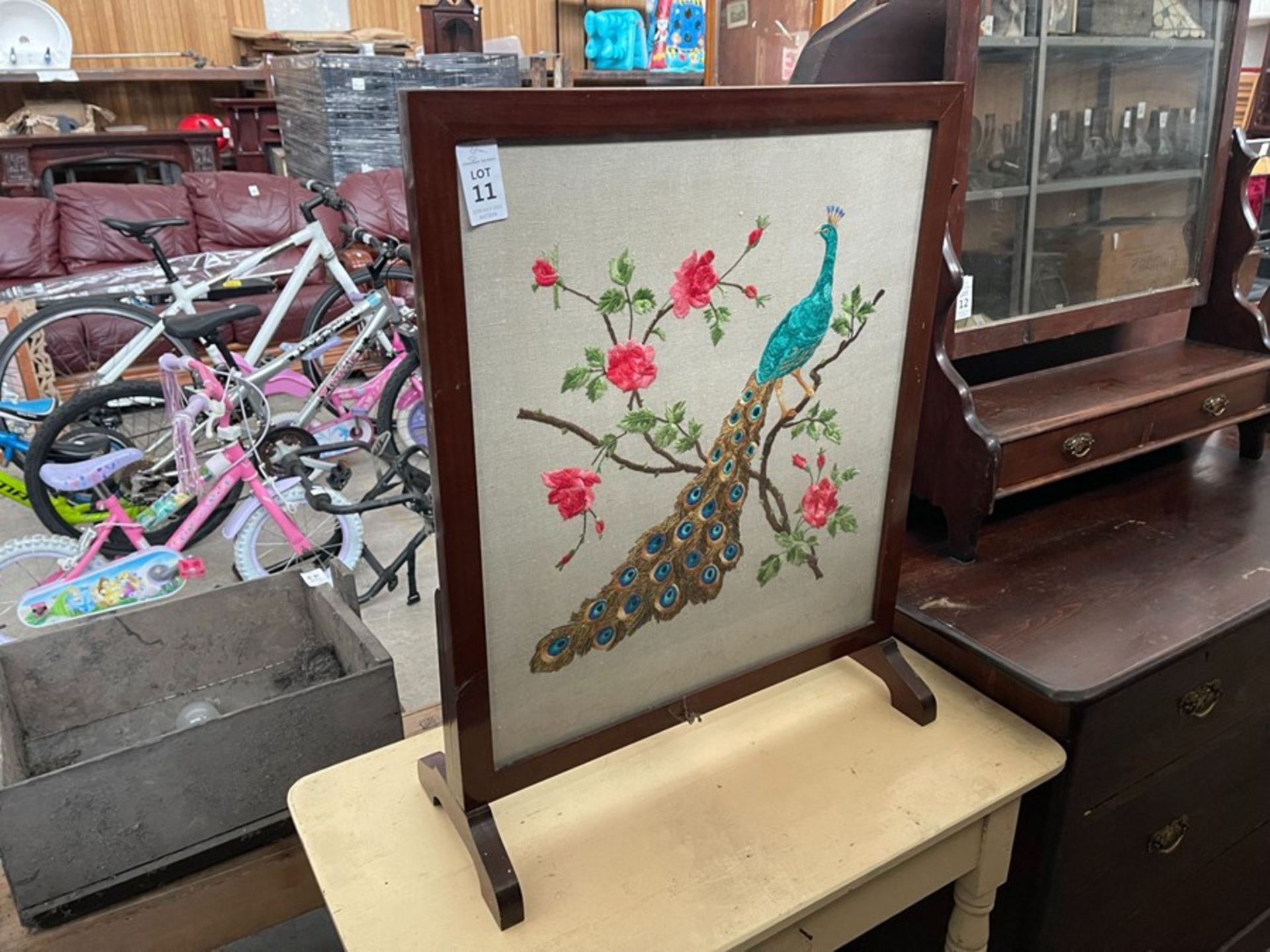 WOODEN FRAMED PEACOCK TAPESTRY FIRE SCREEN