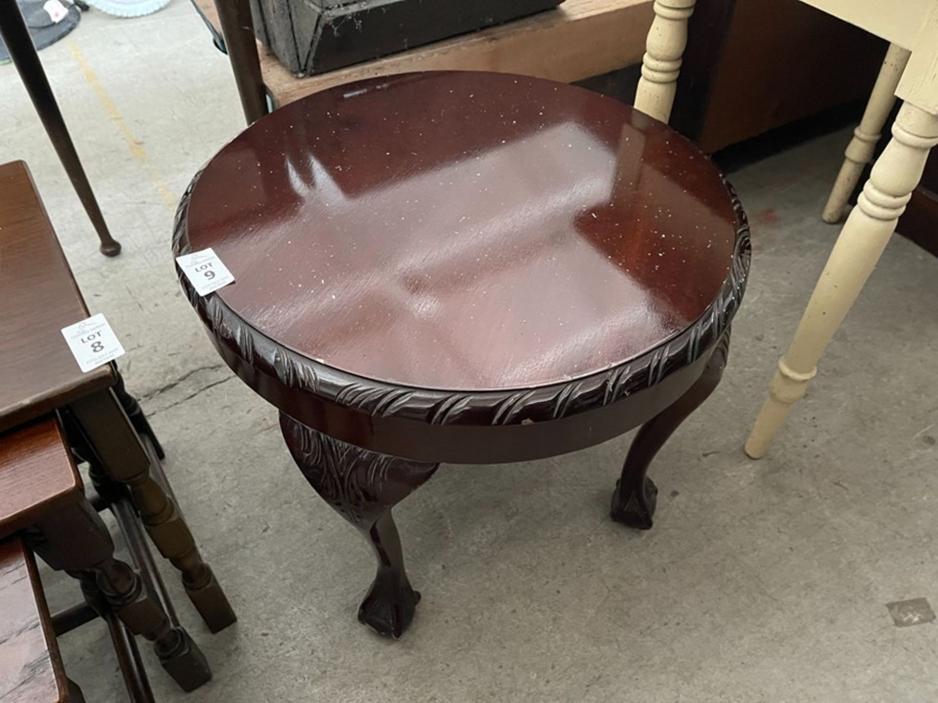 ROUND MAHOGANY CLAW FOOT COFFEE TABLE