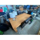 HEAVY PINE TABLE WITH 6 LEATHER AND PINE CHAIRS