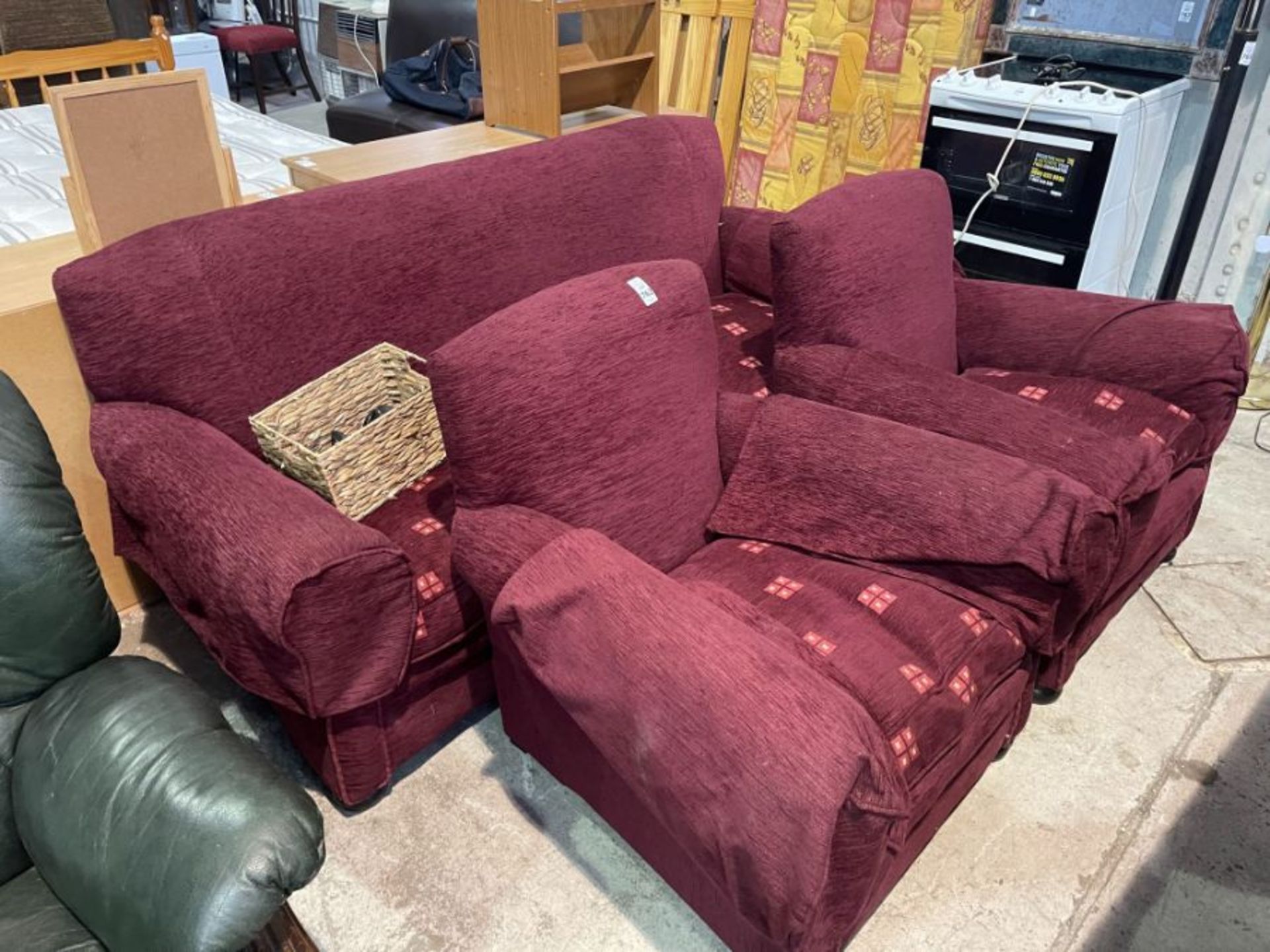 RED FABRIC 3-SEATER & 2X ARMCHAIRS