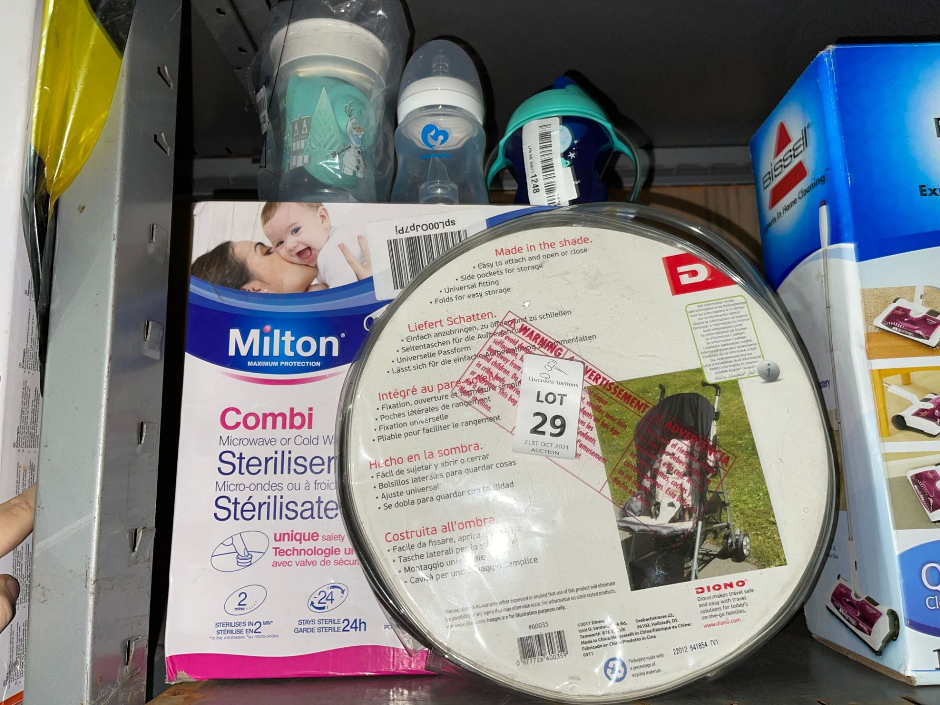 BUNDLE OF MILTON COMBI STERILISER, DIONO UNIVERSAL PRAM COVER & 3X ASSORTED BOTTLES