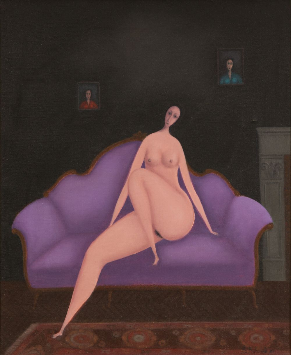 Female Nude on a Purple Sofa, (19)82 Oil on canvas Signed and dated lower right 21,9 x 17,9 in