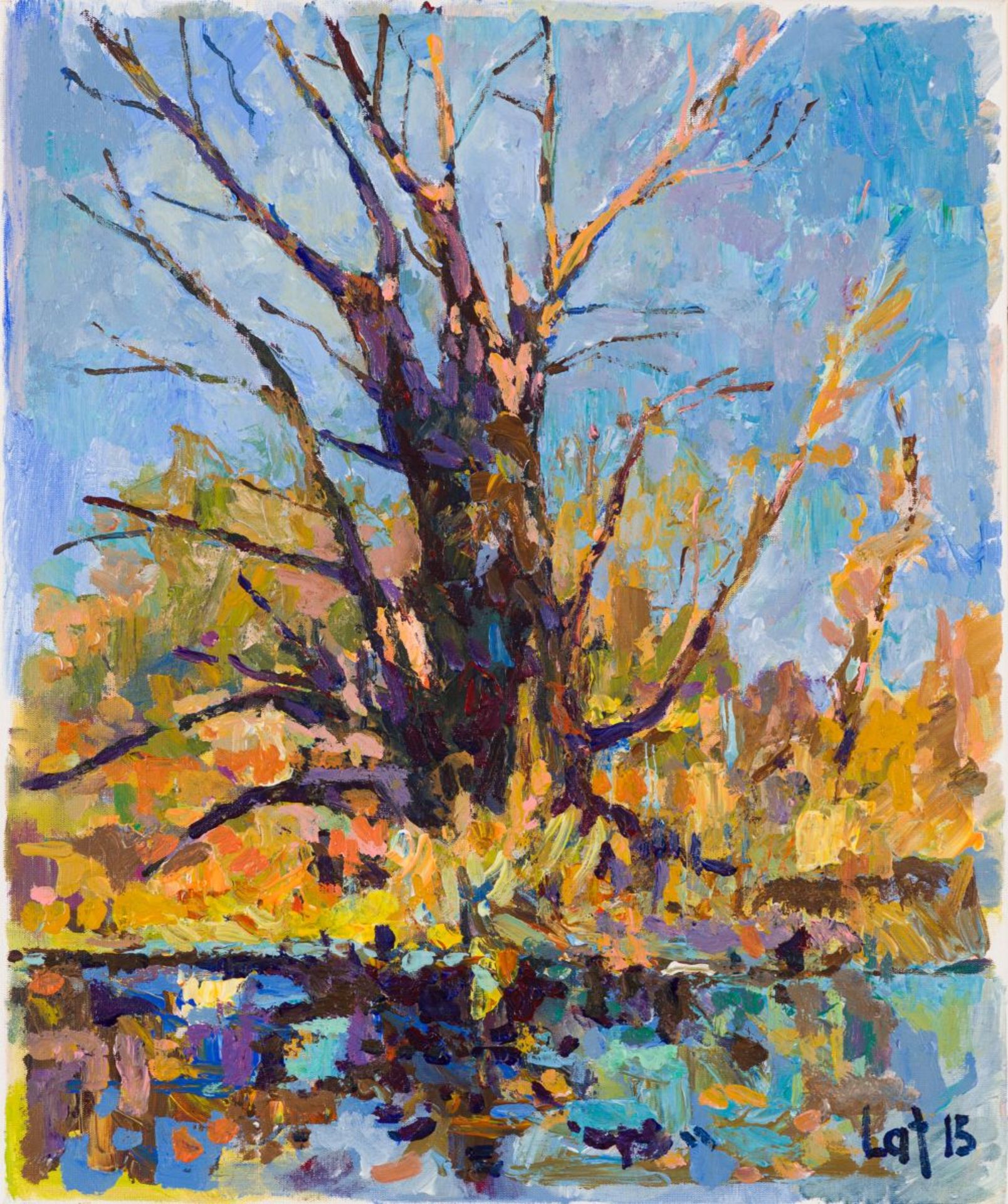 Bald Tree at the River, 2015 Oil on Canvas Signed and dated lower right and verso dated and