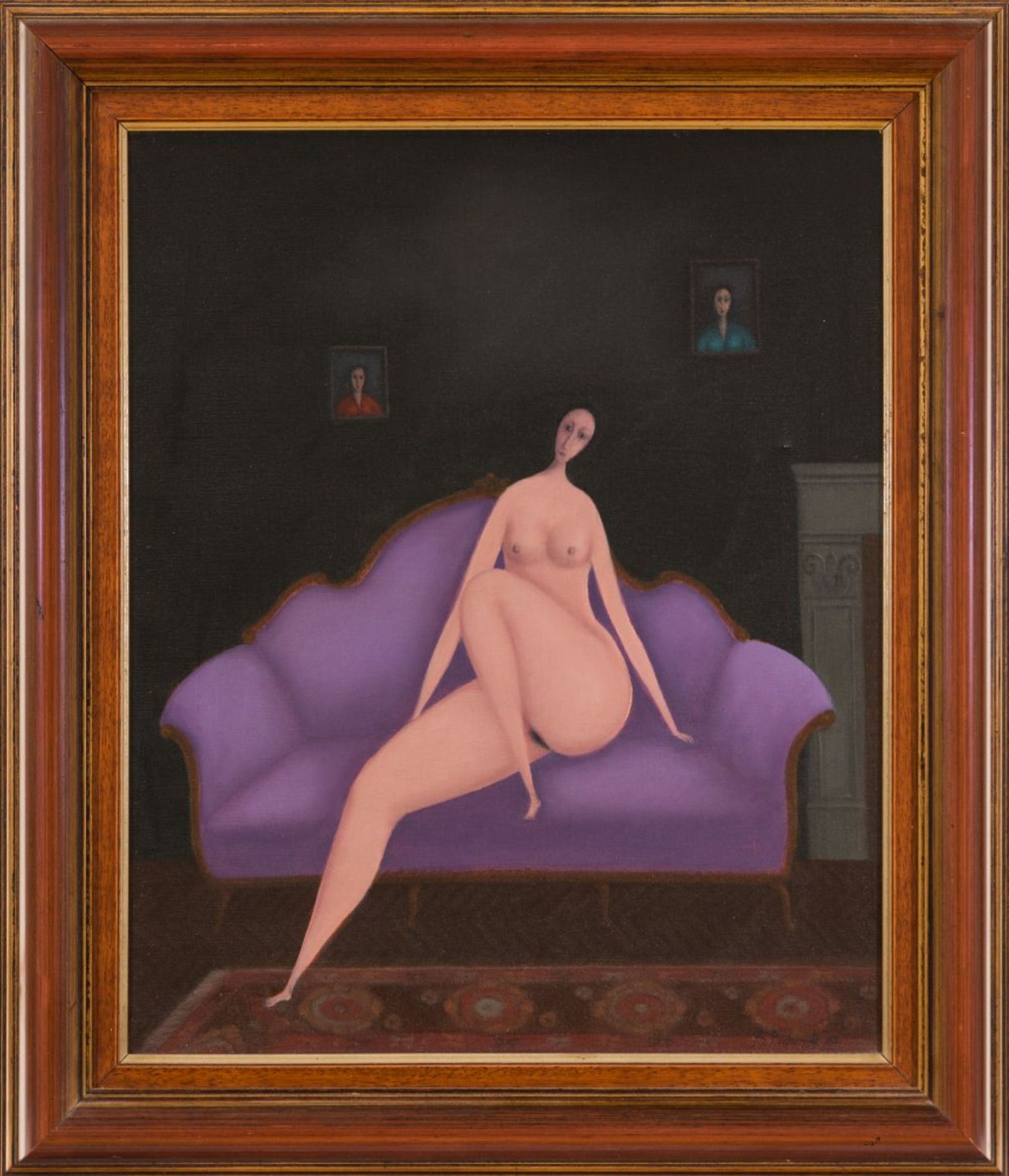 Female Nude on a Purple Sofa, (19)82 Oil on canvas Signed and dated lower right 21,9 x 17,9 in - Image 2 of 4
