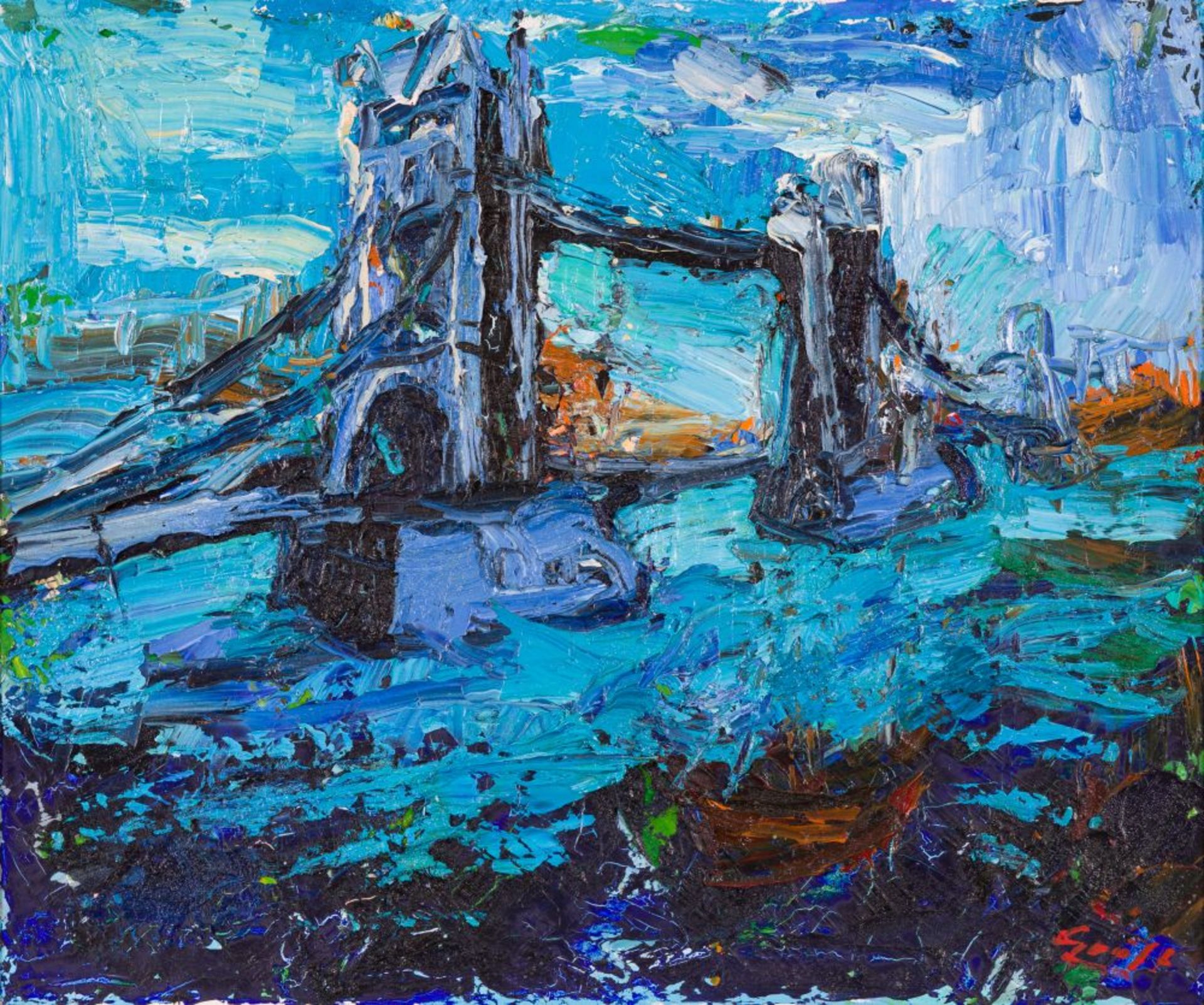 Tower Bridge, 2000 Oil on canvas Signed lower right and verso signed, dated and with dedication 19,7