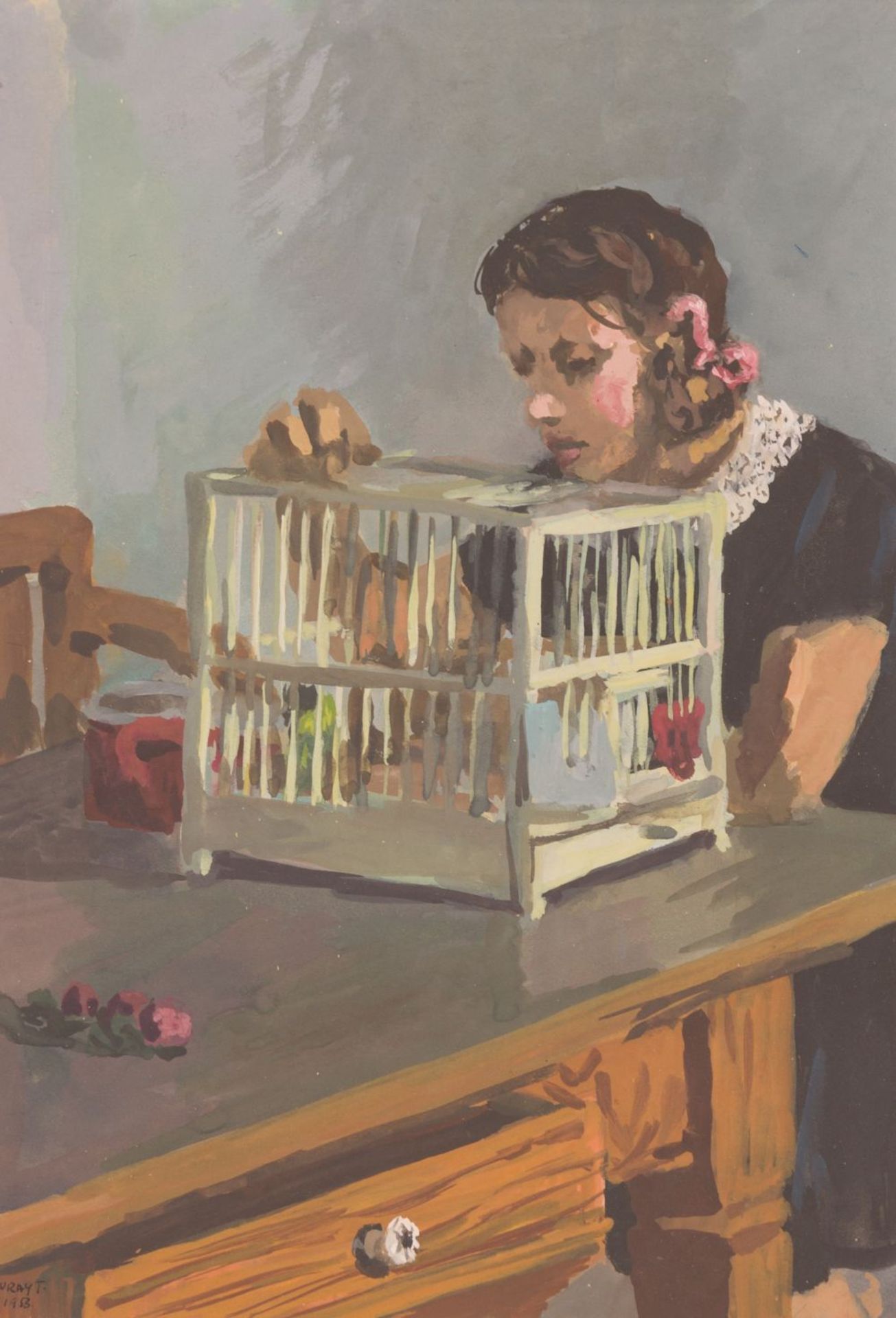 Girl with a Cage, 1953 Gouache on paper Signed and dated lower left 11,9 x 8,3 in Lent frame