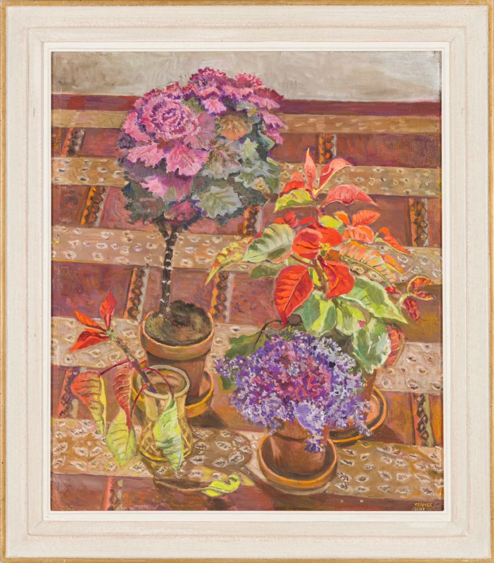 Still Life with Poinsettia and Potted Plants, 2002 Oil on canvas Signed and dated lower right 26 x - Image 2 of 4