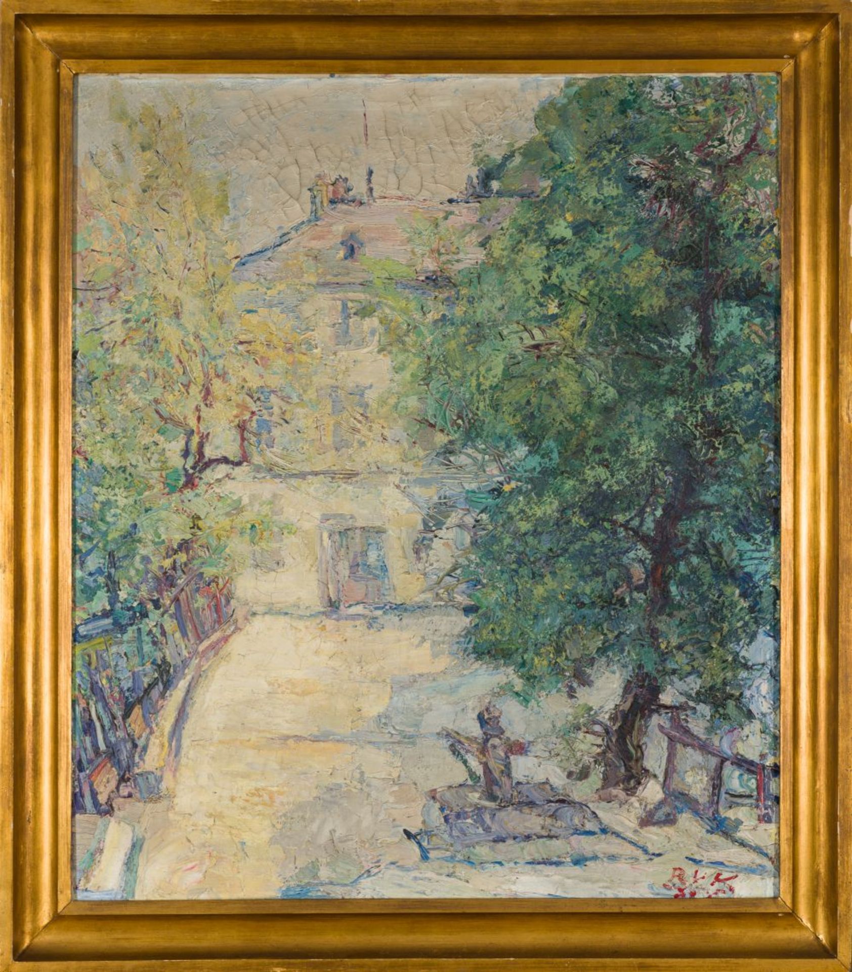 Approach to a Mansion Oil on canvas Monogrammed lower right 43,5 x 37,4 in framed Verso labels of - Image 2 of 7