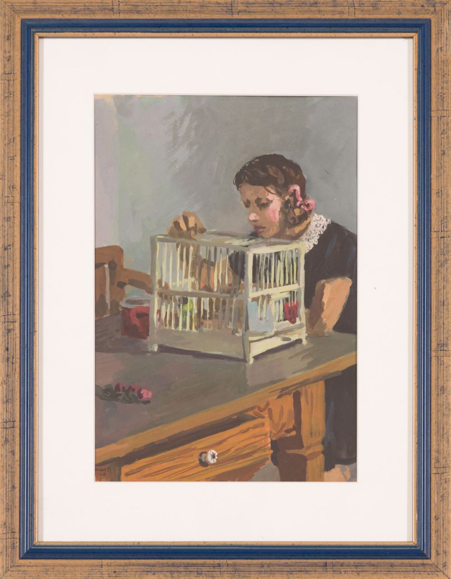 Girl with a Cage, 1953 Gouache on paper Signed and dated lower left 11,9 x 8,3 in Lent frame - Image 2 of 4