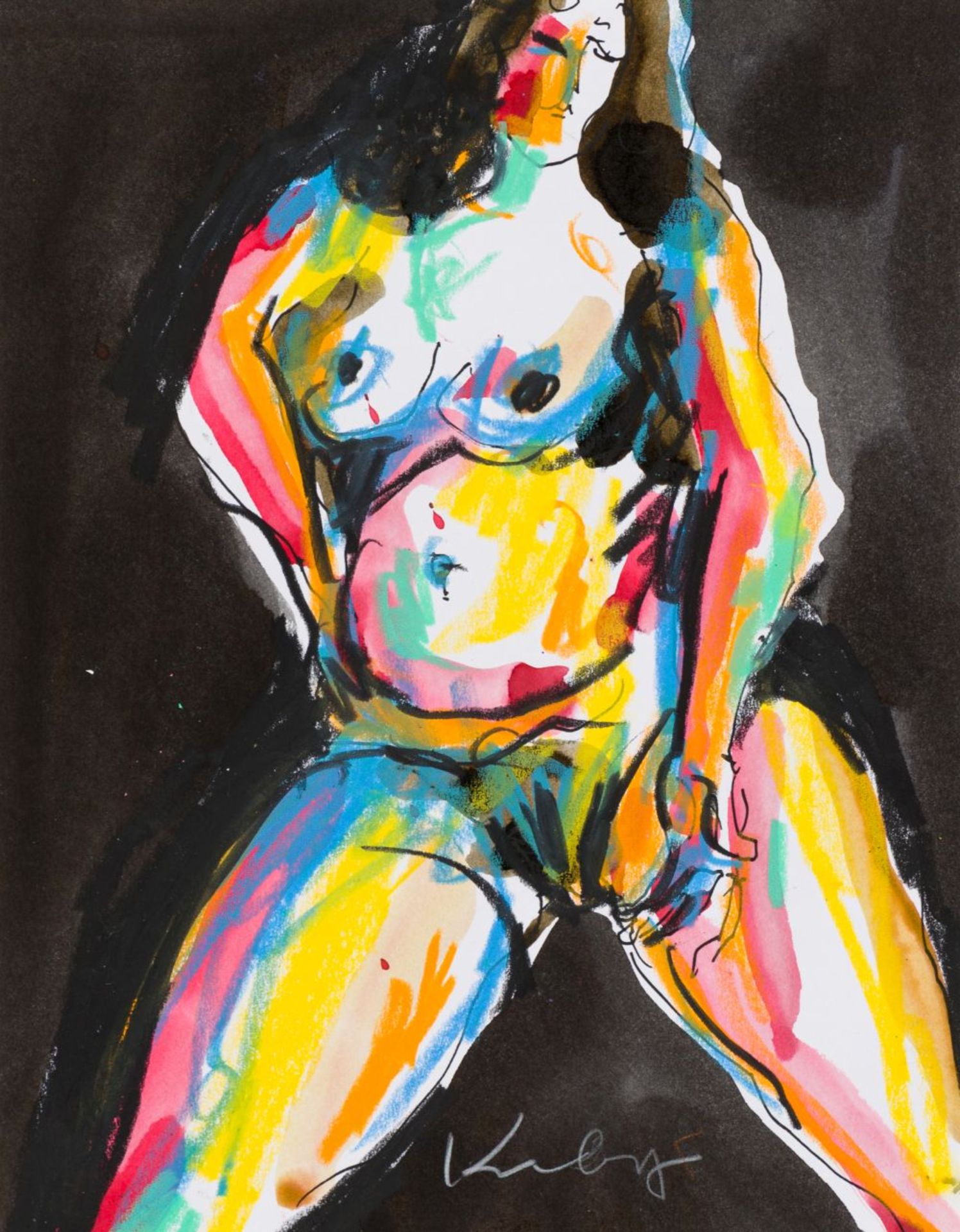 Standing Nude in Color in front of a Black Background, around 1991 Mixed technique (felt pen,