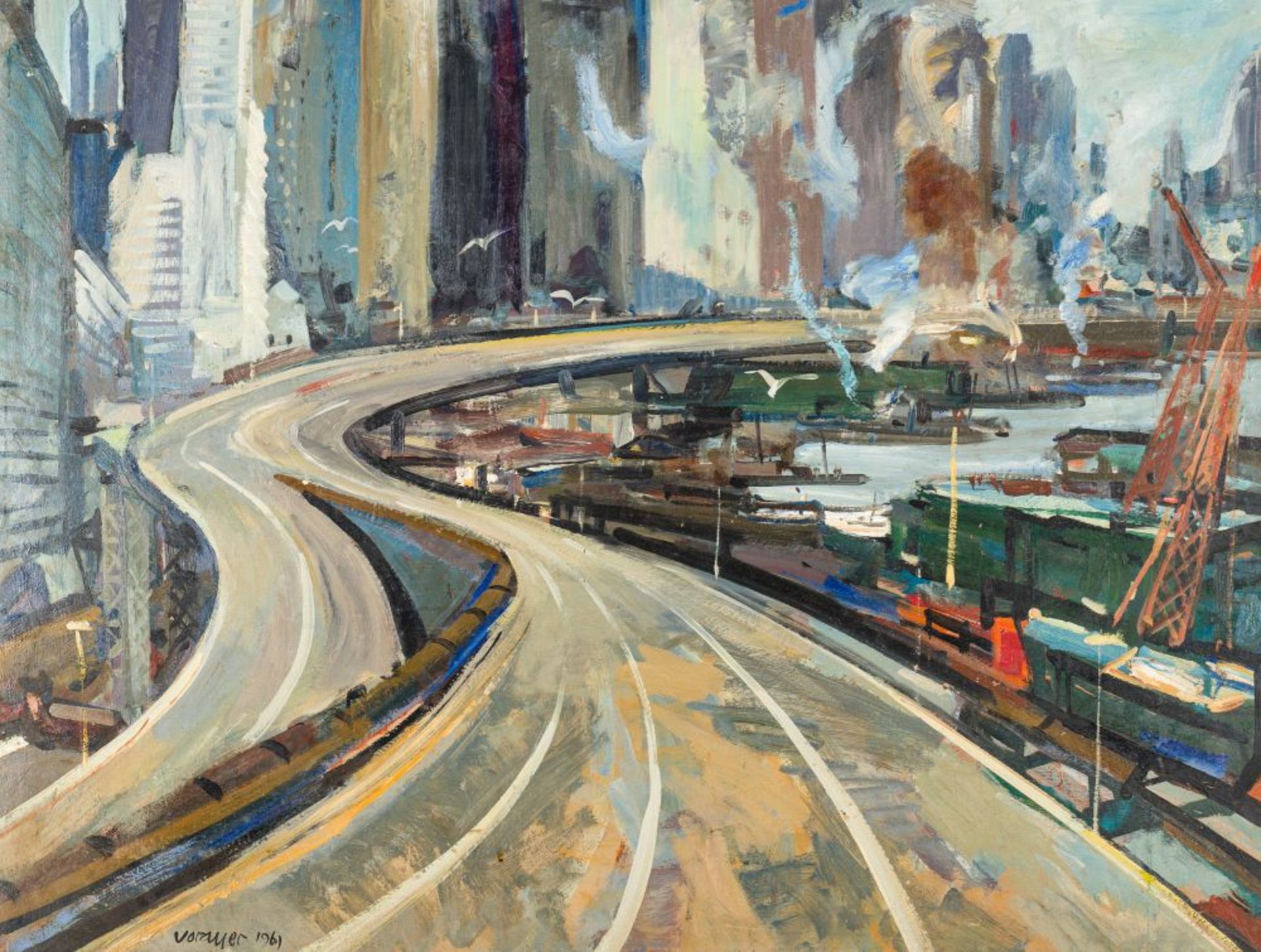 Big City Highway, 1961 Oil on Hardboard Signed and dated lower left 30,1 x 40 in framed