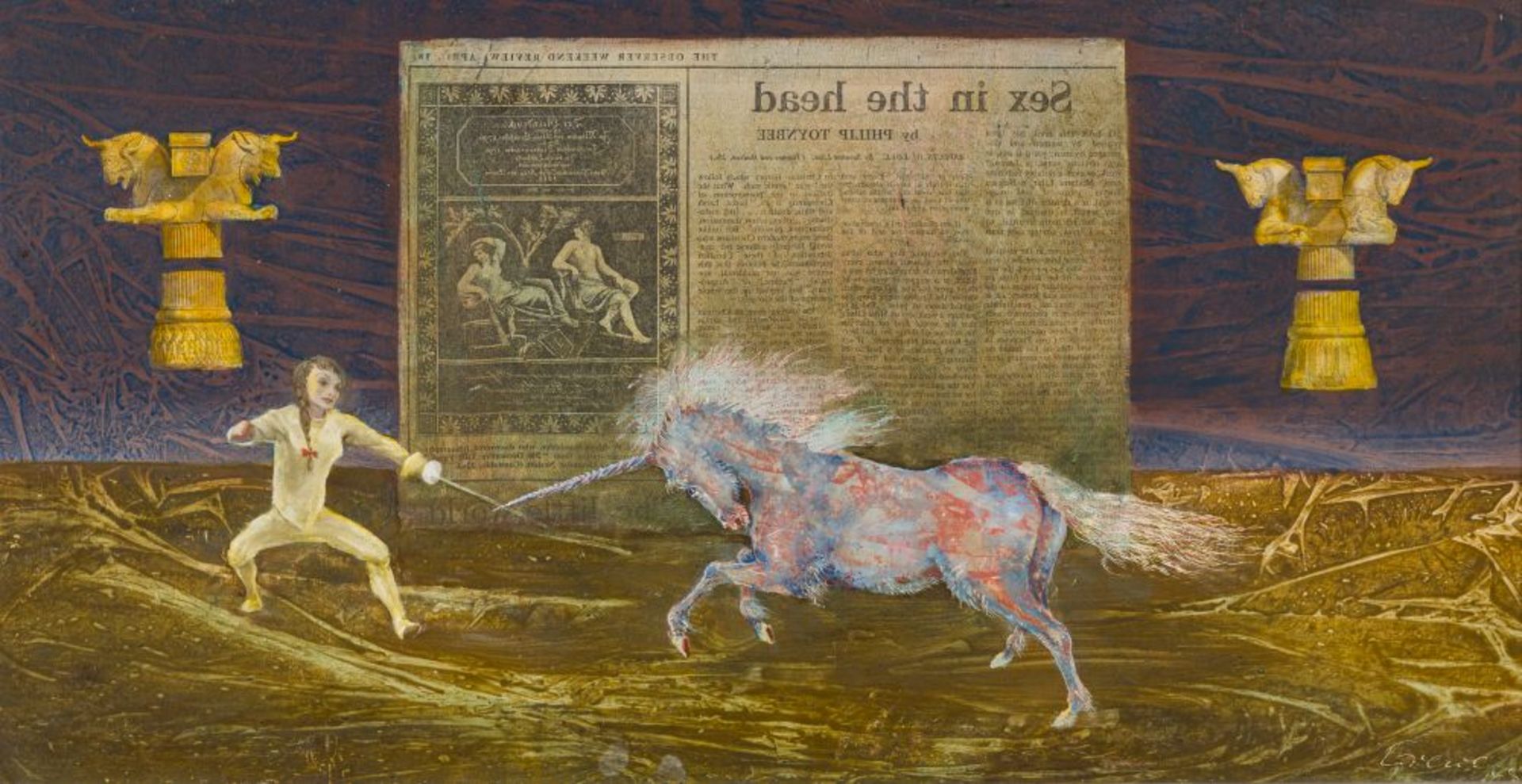 Fencing Bout with a Unicorn, 1965 Mixed Media on Plate, Miroitage Signed and dated lower right as