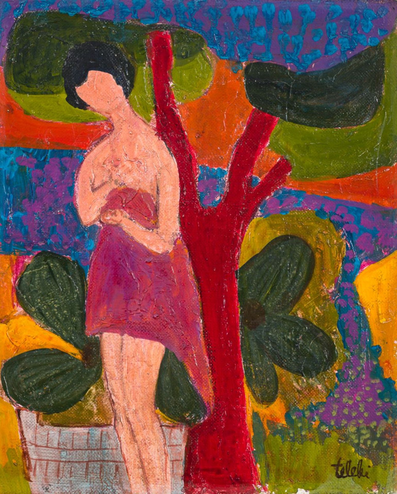 Lady next to a red Tree Oil on Canvas Signed lower right 10,7 x 8,8 in framed André Teleki's