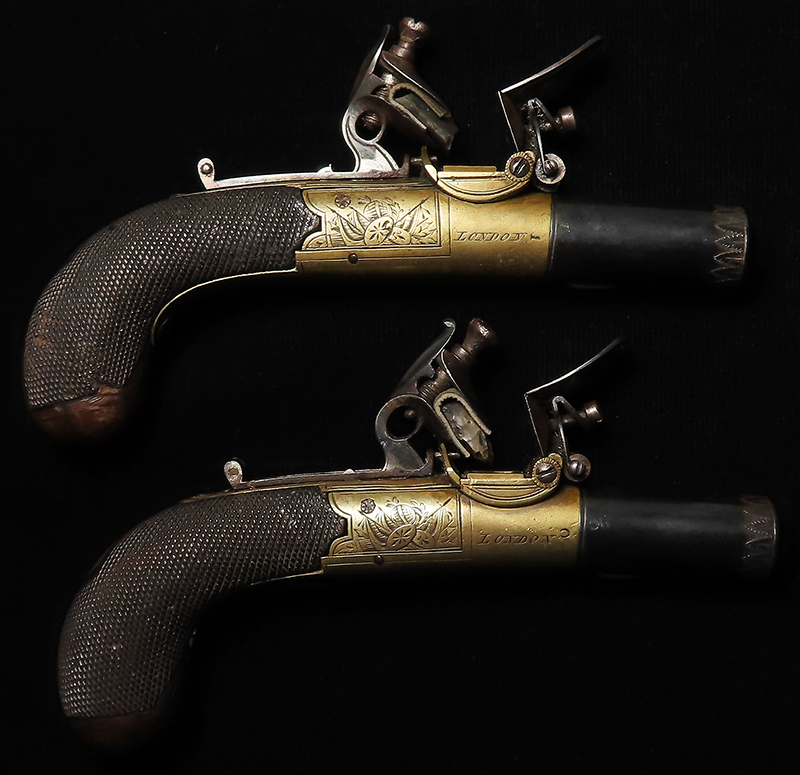 English high quality flintlock muff pistols, frame engraved 'H Nock' 'London'. Manufactured c1780-