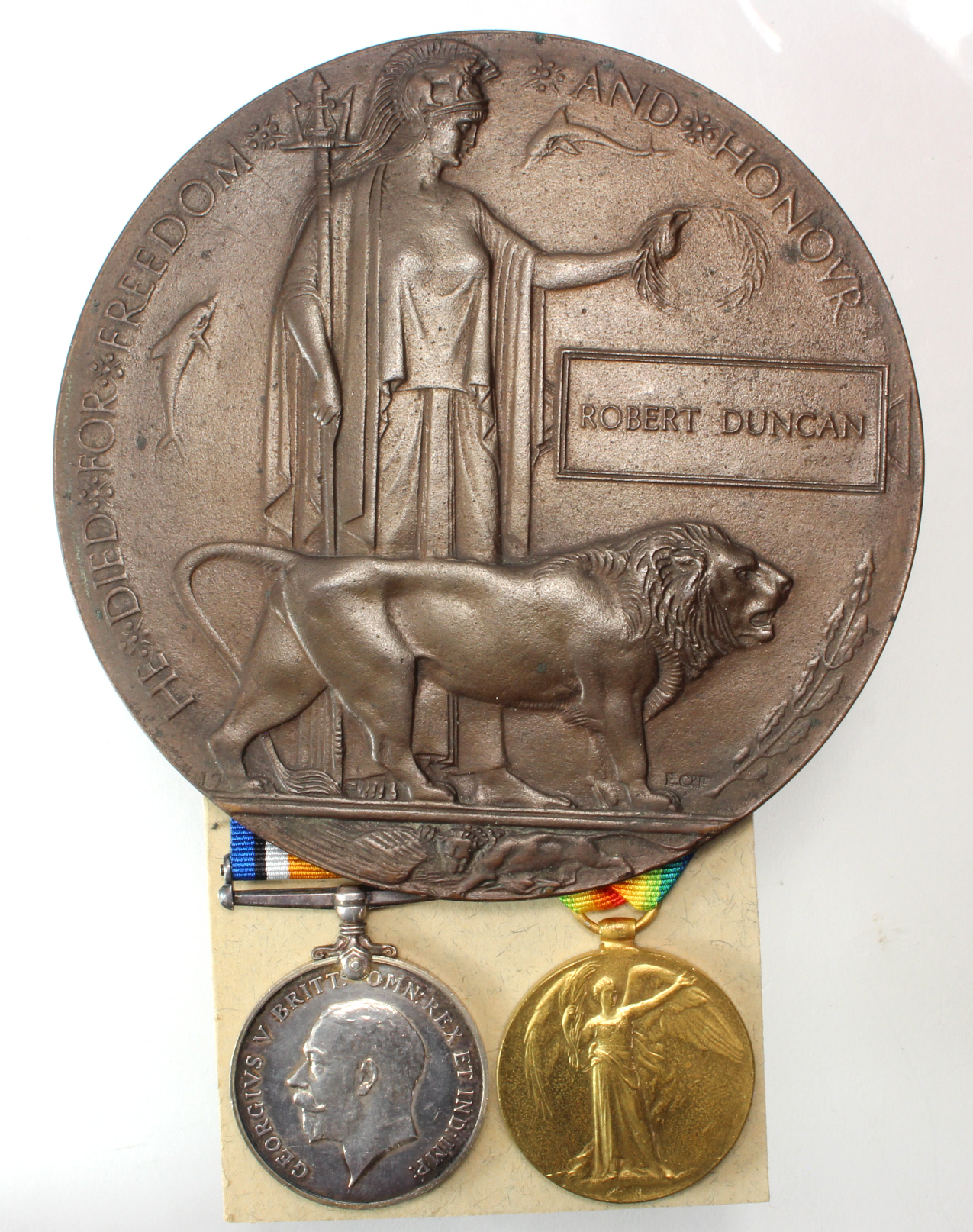 BWM & Victory Medal + Death Plaque to 4818 Pte Robert Duncan R.Highrs. Died of Wounds 14th Dec