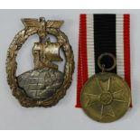 German Nazi Merit Medal, plus Coastal Artillery Badge. (2)