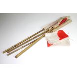 Japanese WW2 small soldiers flags, two of with three Japanese WW2 paper flags on bamboo shafts